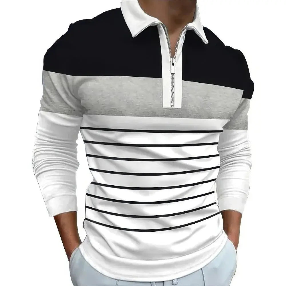 Heren Polo Lange Mouw Casual Shirt VIQA© NEDERLANDWit-Met-Zwarte-Strepen-Stijl-1-5XL