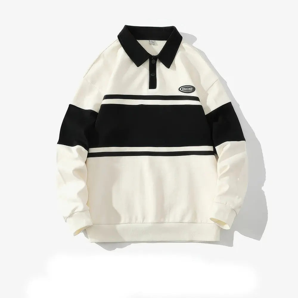 Heren Harajuku Gestreepte Polo Met Lange Mouwen VIQA© NEDERLANDWit-en-Zwart-3XL