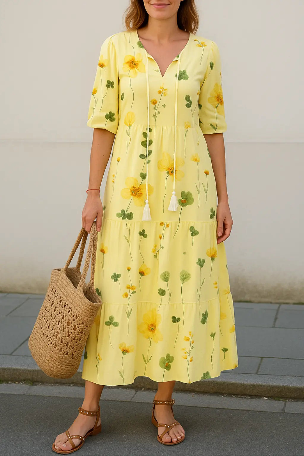 Dames Maxi Zomer V-Hals Bedrukte Jurk, Casual Losse Lange Mouwen Koord Stijl | VIQA VIQA© NEDERLANDGeel / 2XL