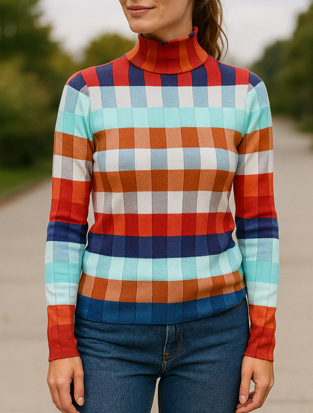 Kleurrijke Geruite Gebreide Trui Voor Dames, Hoge Hals, Slim Pasvorm, Herfst En Winter Pullover | VIQA VIQA© NEDERLAND