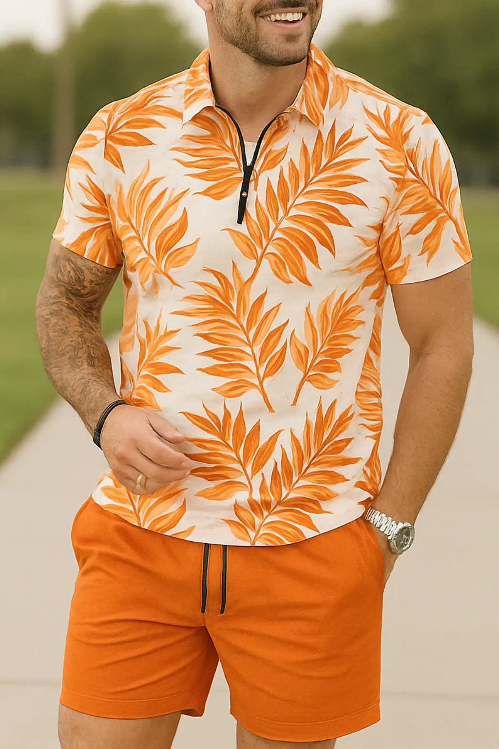 Heren Polo Overhemd Met Rits En Korte Broek Set, 2-Delige Zomer Outfit, Vrijetijdskleding | VIQA VIQA© NEDERLANDOranje / 2XL