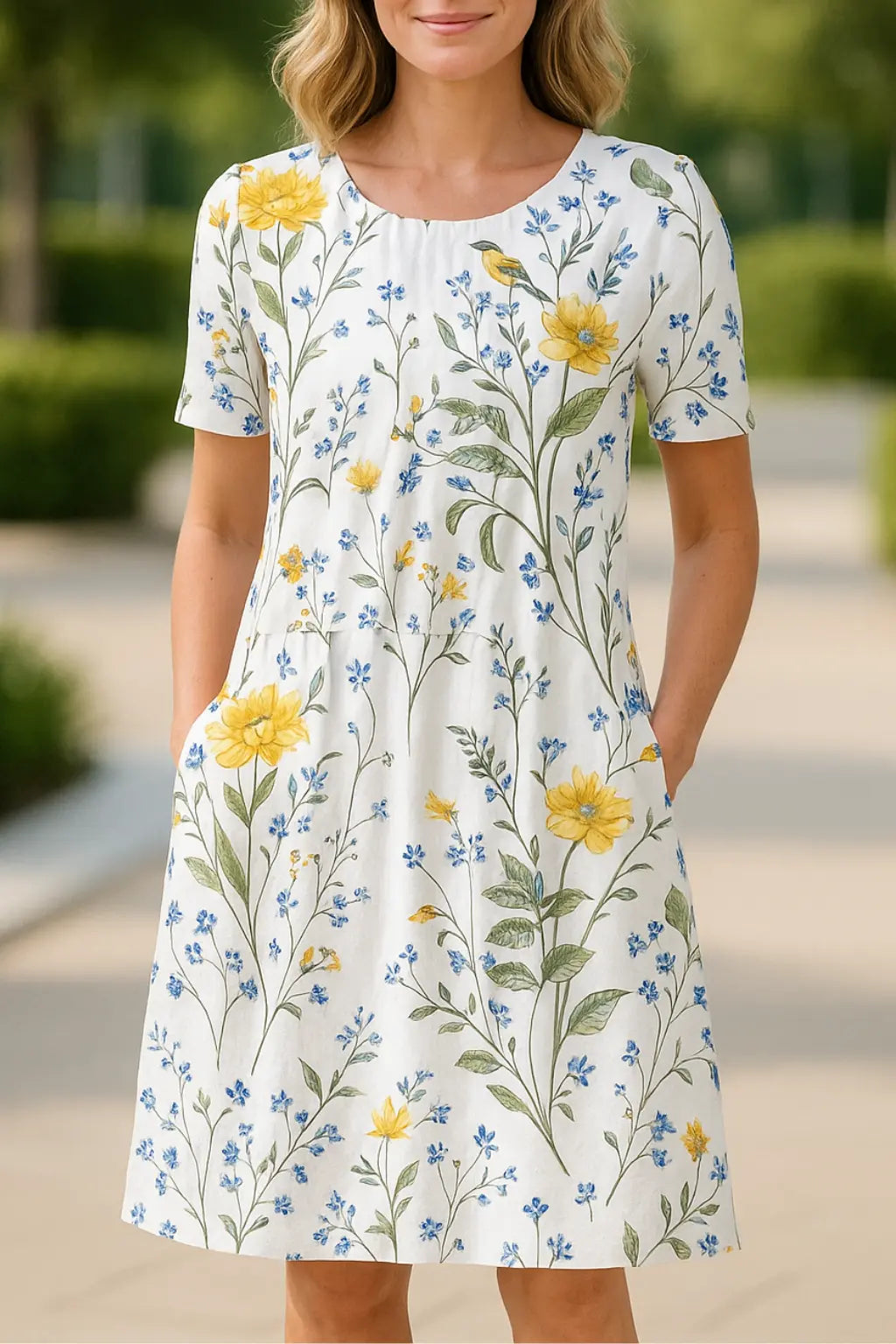 Dames Bloemen Midi Jurk, Zomer Ronde Hals Korte Mouwen Casuele Homewear | VIQA VIQA© NEDERLANDWit / 2XL