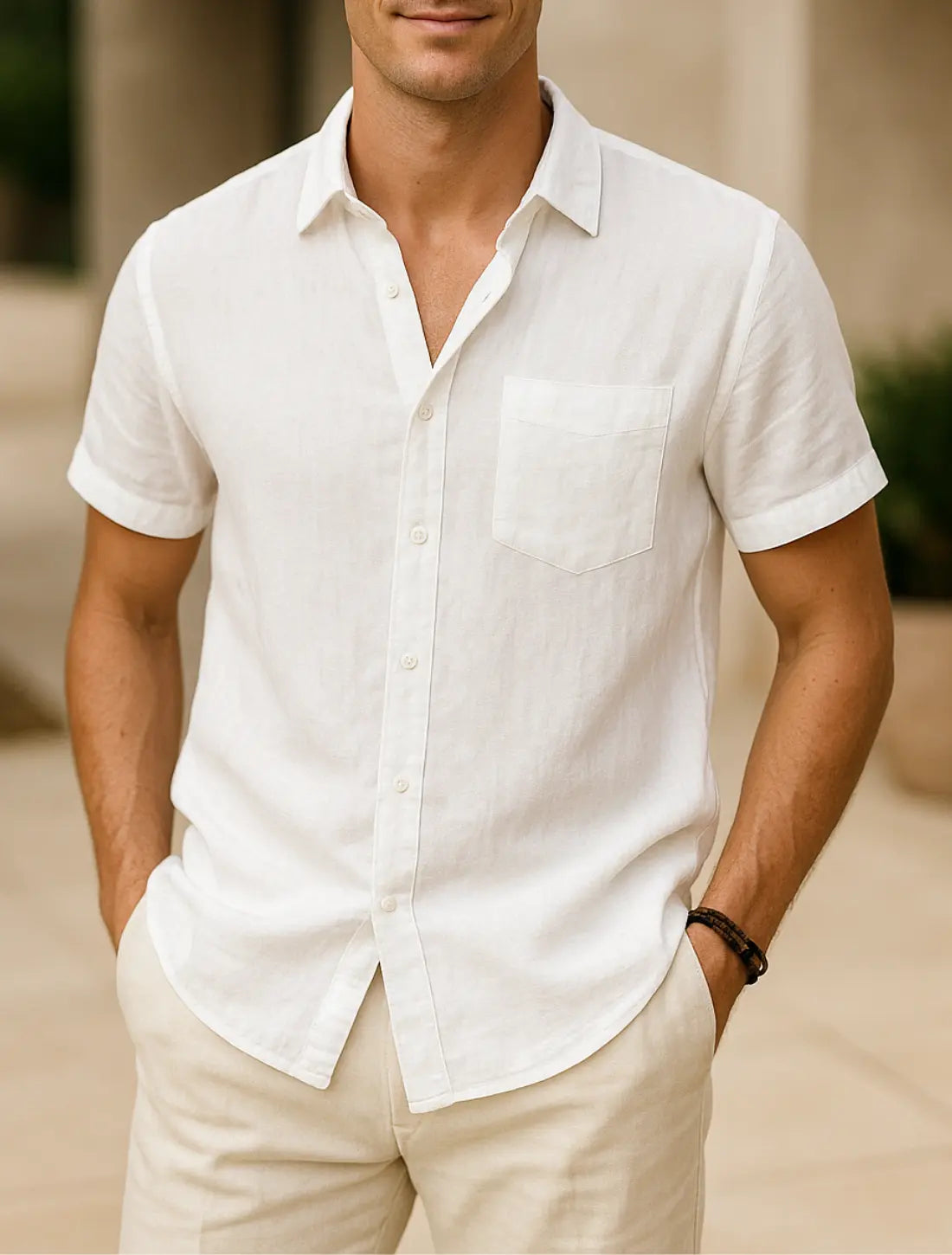 Heren Shirt Met Korte Mouwen, Zomerse Casual Strandkleding, Effen Kleur Gedraaide Kraag | VIQA VIQA© NEDERLANDWit / 2XL