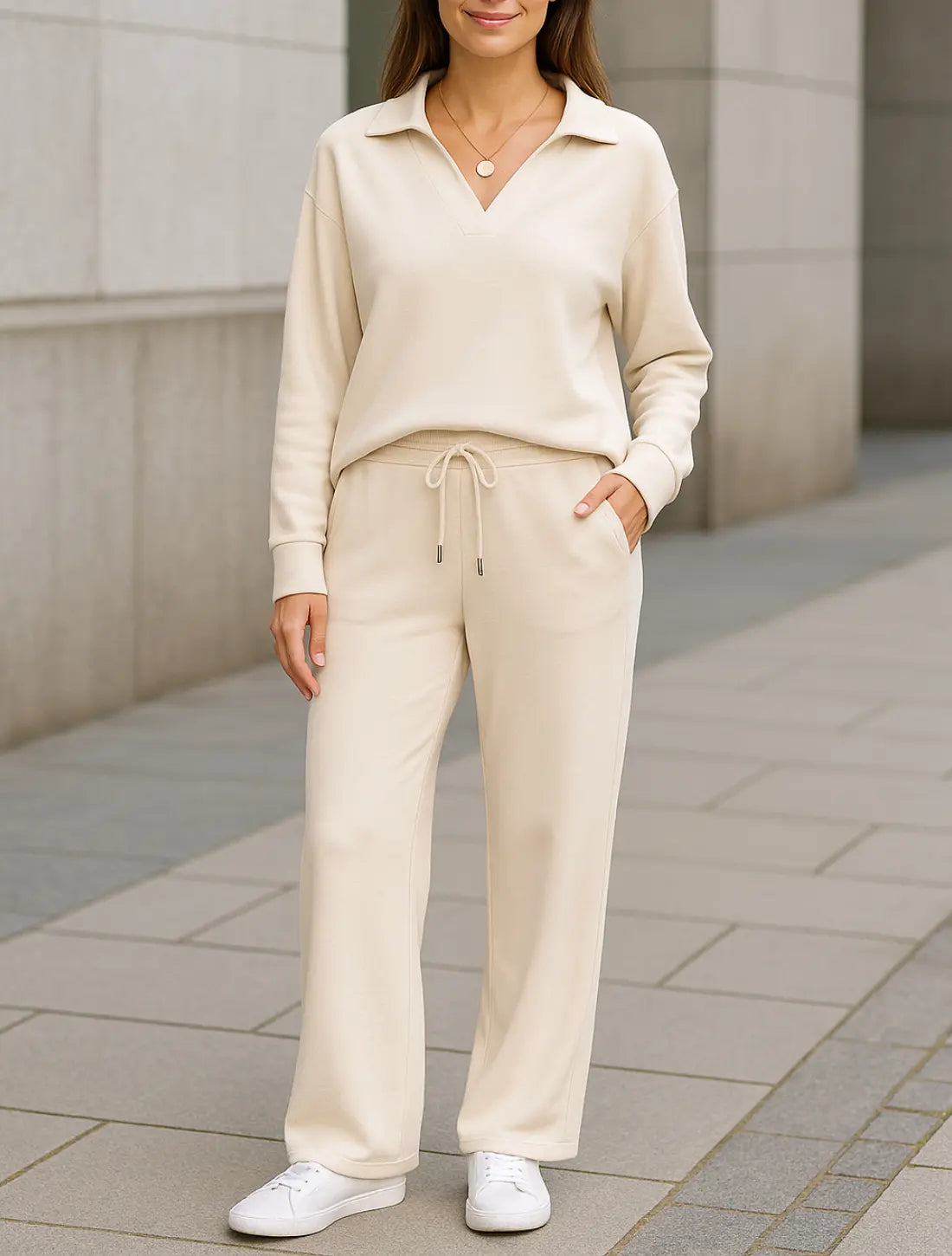 Tweedelige Set Voor Dames, Top Met V-Hals En Lange Mouwen, Elastische Tailleband Met Trekkoord En Wijde Broek Met Elastische Tailleband | VIQA VIQA© NEDERLANDWit / 2XL