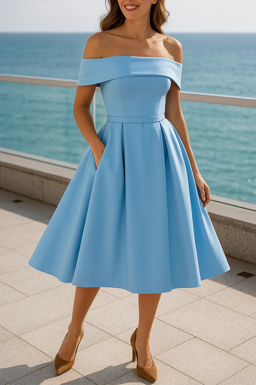 Dames Off-Shouder Satijn Gala Jurk, Maxi Jurk Met Zakken En Kant Op De Rug | VIQA VIQA© NEDERLANDLichtblauw-XL