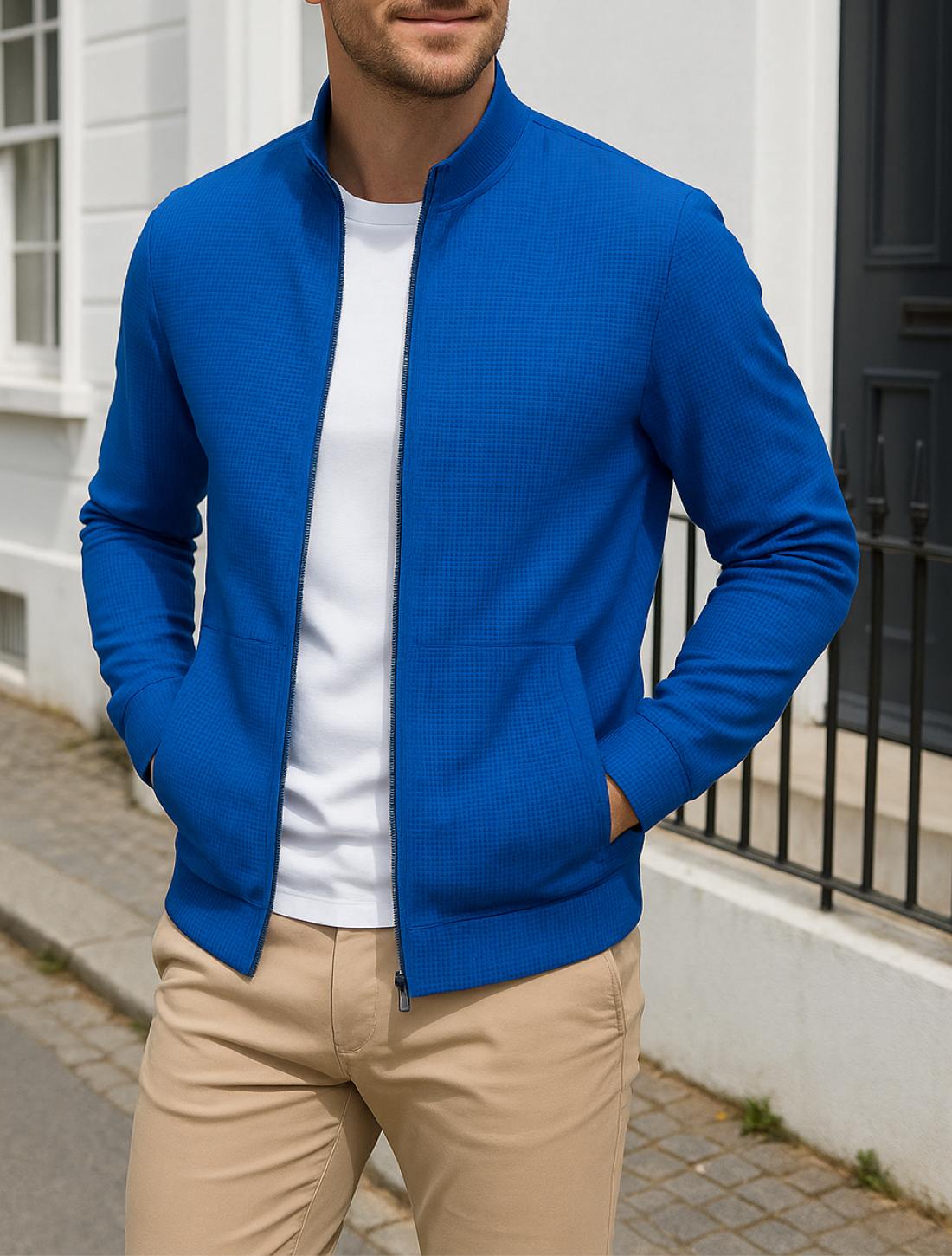 Slim Pasvorm Herenvest, Wafelpatroon, Oslagkraag, Lange Mouwen, Sportieve Stijl En Zak Met Ritssluiting | VIQA VIQA© NEDERLAND
