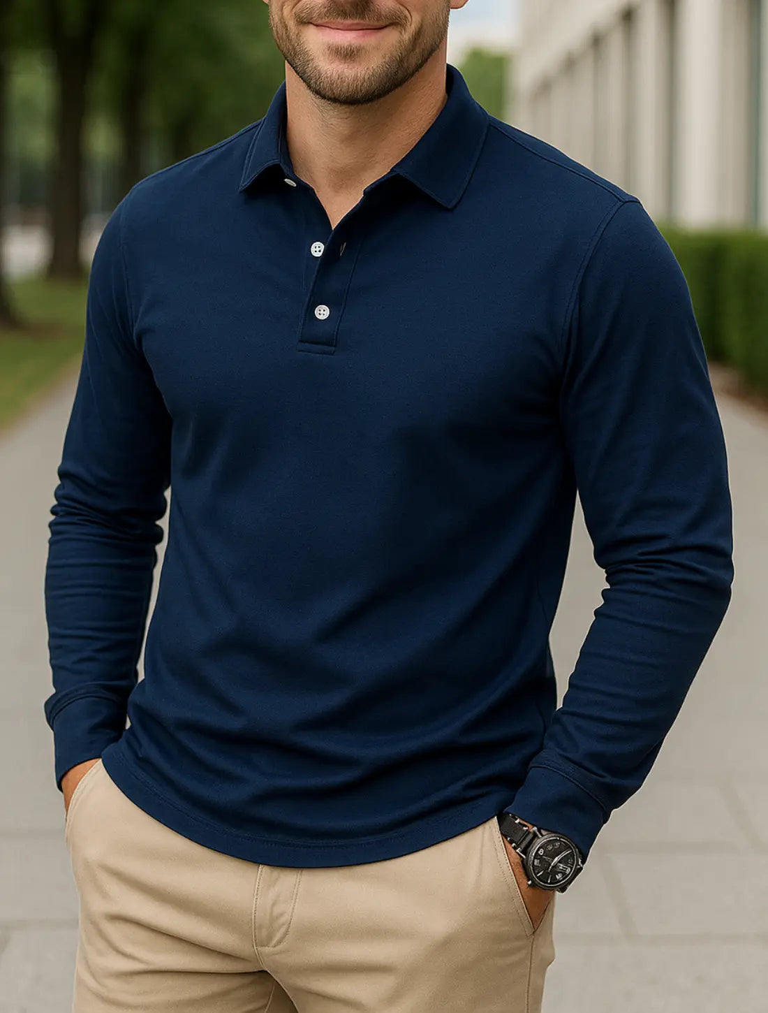 Effen Poloshirt Voor Heren, Aakelijke Casual Top Met Lange Mouwen, Reis- En Outdoor Vrijetijdskleding | VIQA VIQA© NEDERLANDBlauw / 2XL