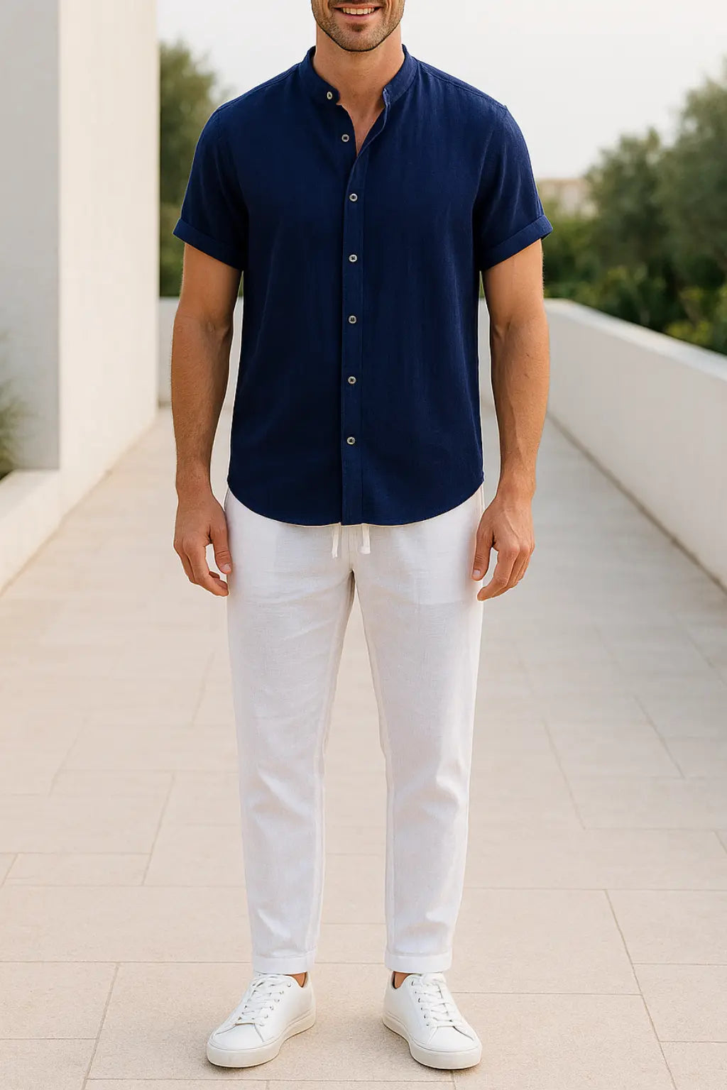 Heren Zomer Tweedelige Set, Katoen-Linnen Shirt Met V-hals En Lange Mouwen En Broek Met Trekkoord, Casual Outfit | VIQA VIQA© NEDERLANDBlauw-2XL