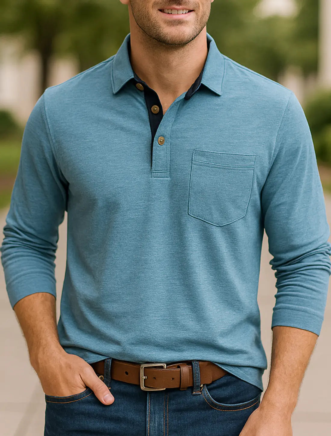 Heren Poloshirt Met Lange Mouwen, Zakelijk Casual T-Shirt Met Revers En Zak, Zacht Katoenen Top | VIQA VIQA© NEDERLANDLichtblauw / 2XL