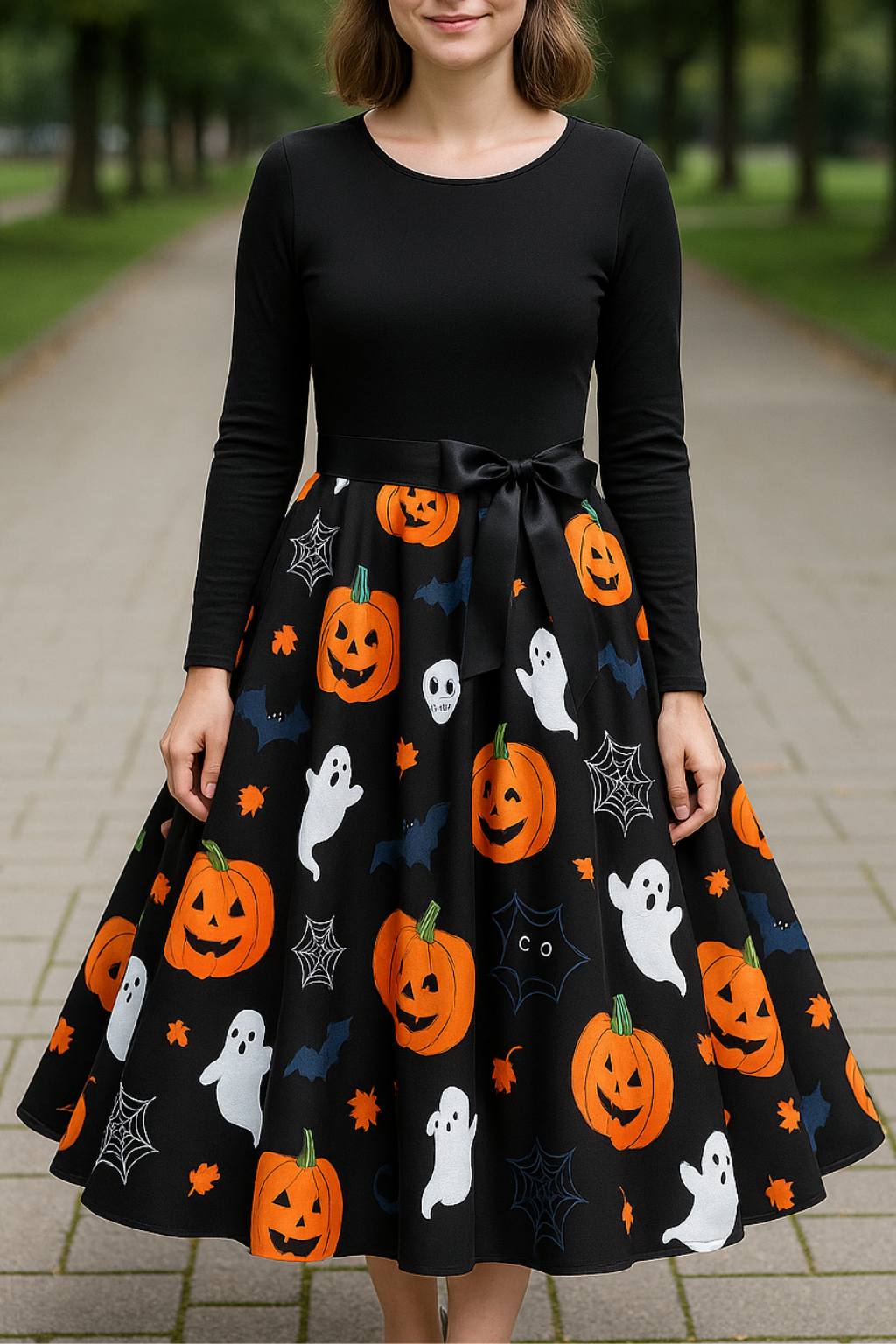 Dames Halloween Jurk, Lange Mouwen O-Hals Casual Zwarte Pompoen Print Feestjurk | VIQA VIQA© NEDERLAND