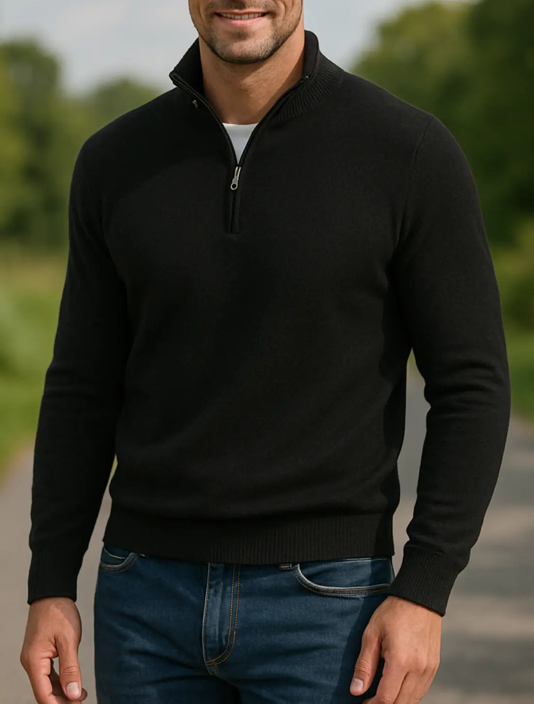 Heren Winter Trui, Halve Rits V-Hals Sweater, Effen Kleur Slim Pasvorm Lange Mouwen Sweatshirt | VIQA VIQA© NEDERLANDZwart / 2XL