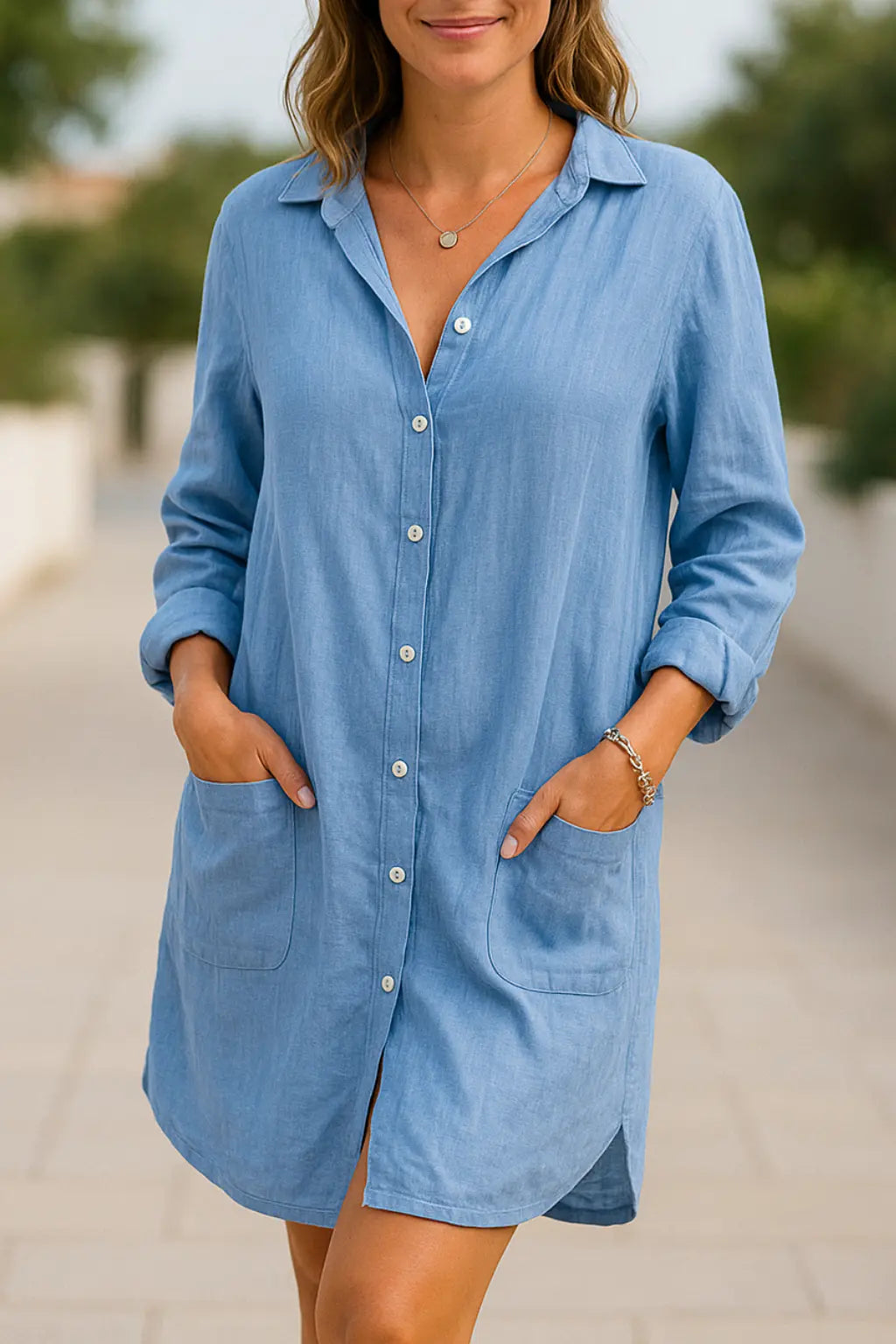 Dames Katoen Linnen Lange Overhemd Jurk, Multi-knoop Vest Top | VIQA VIQA© NEDERLANDBlauw / 2XL