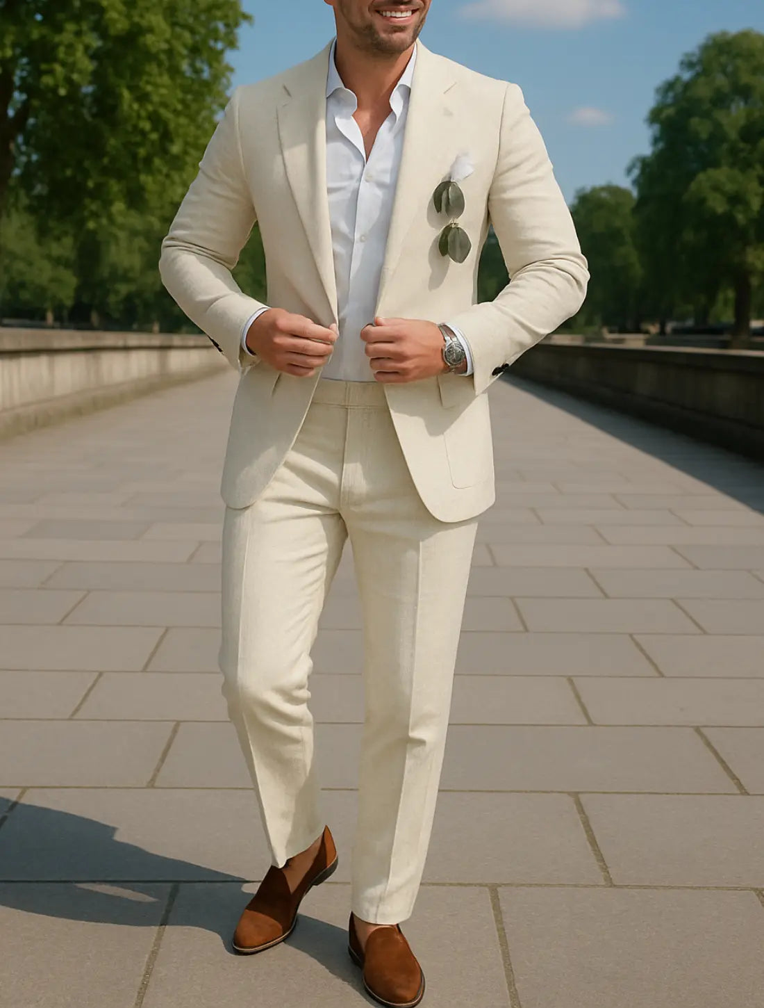 Linnen Herenset, Zomerdelige Tweedelige Blazer En broek, Casual Zakelijk Enkelknoops Kostuum | VIQA VIQA© NEDERLANDWit / 2XL