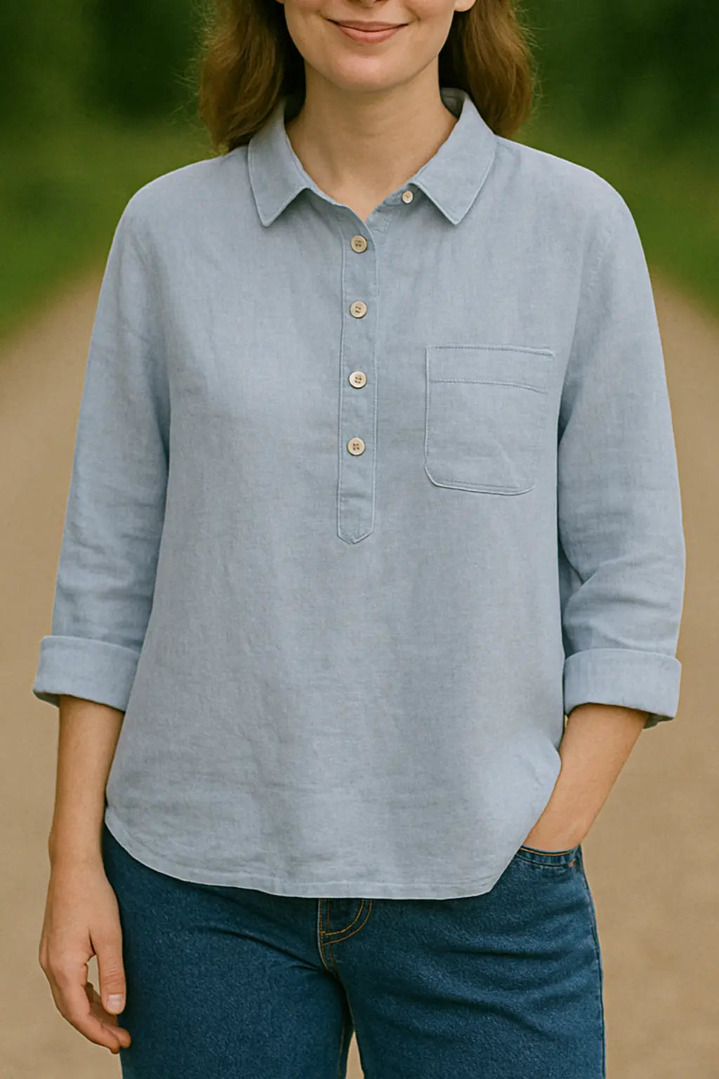 Dames Katoen-Linnen Shirt, Lange Mouwen Met Knopen, Effen Kleur Lente Casual Modieuze Top | VIQA VIQA© NEDERLANDLichtblauw-2XL