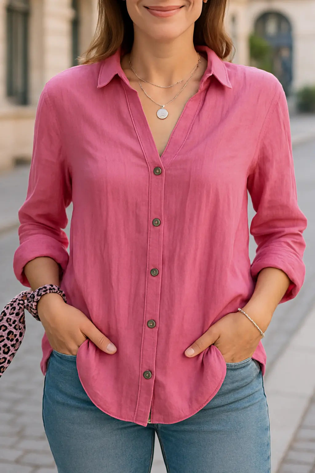Dames Knoop Down Blouse, Lange Mouw Geplooid Shirt Met Zakken, Zomer Casual Top | VIQA VIQA© NEDERLANDRoze / 2XL