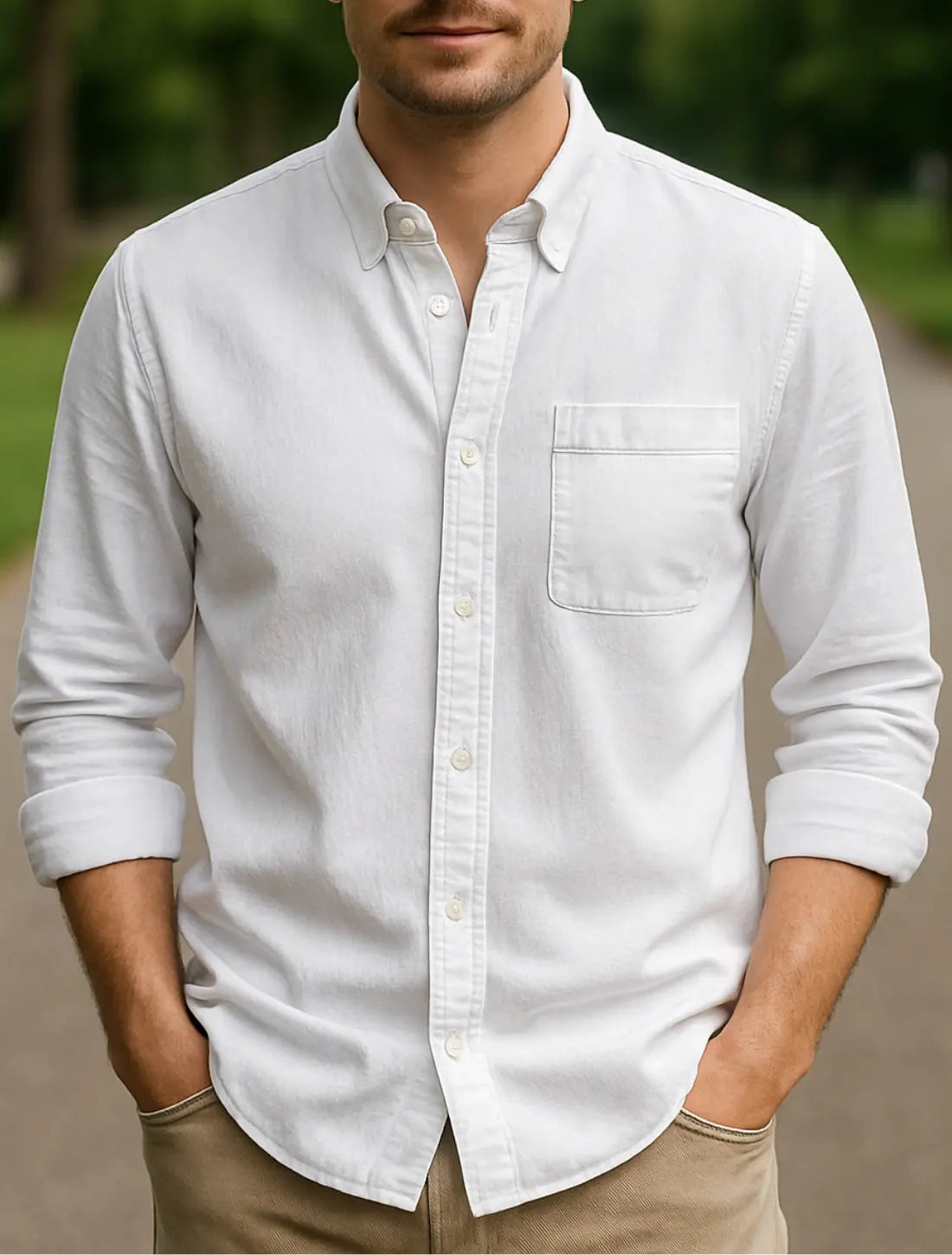 Heren Overhemd Met Lange Mouwen En Kapsel, Effen Kleur Knop-Omhoog Casual Kantoor Vest Stijl Top | VIQA VIQA© NEDERLANDWit / 2XL