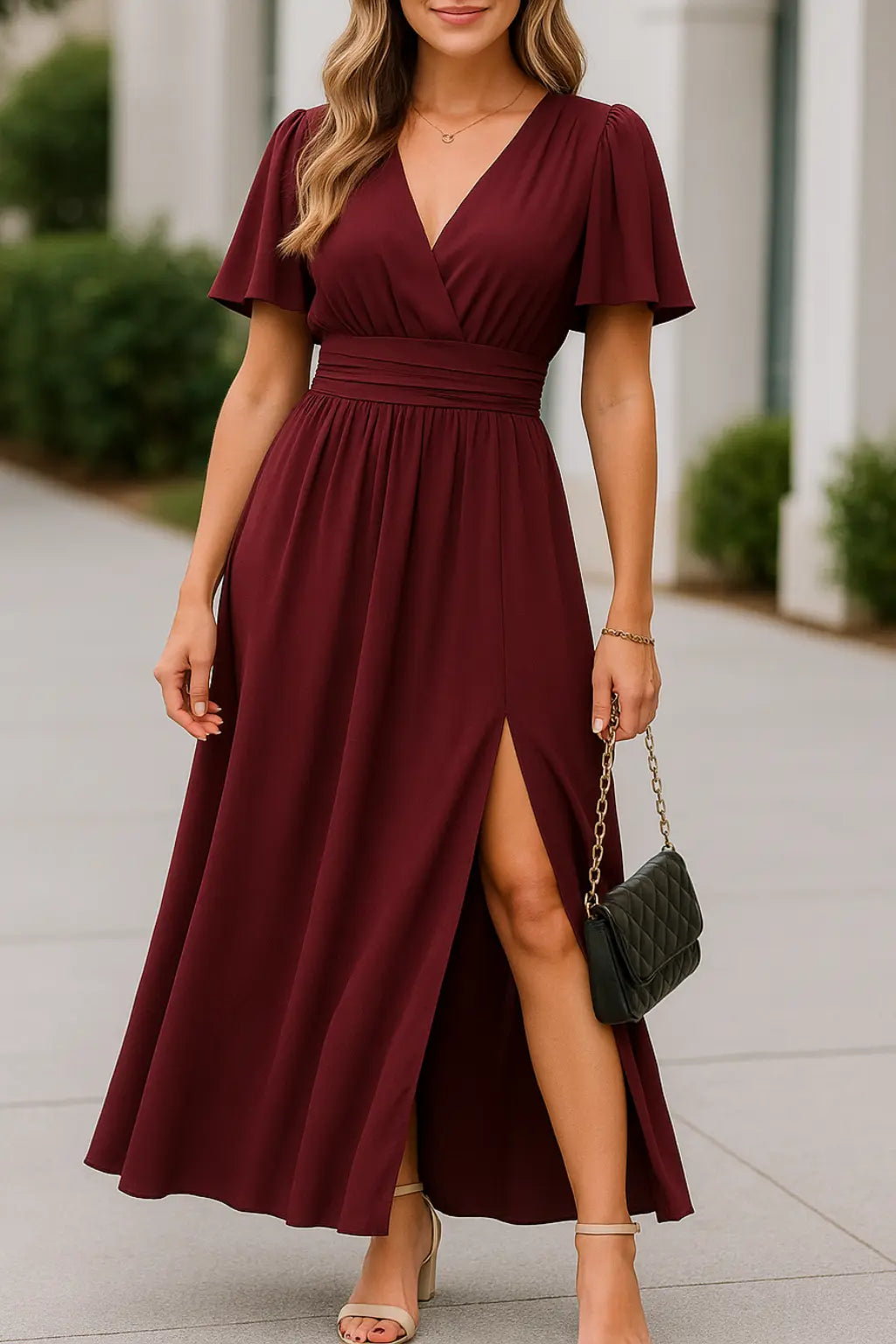 Dames Elegante V-hals Maxi Jurk, Zomer Korte Mouwen Hoge Taille Slank Fit Casual Jurk| VIQA VIQA© NEDERLANDRood / 2XL