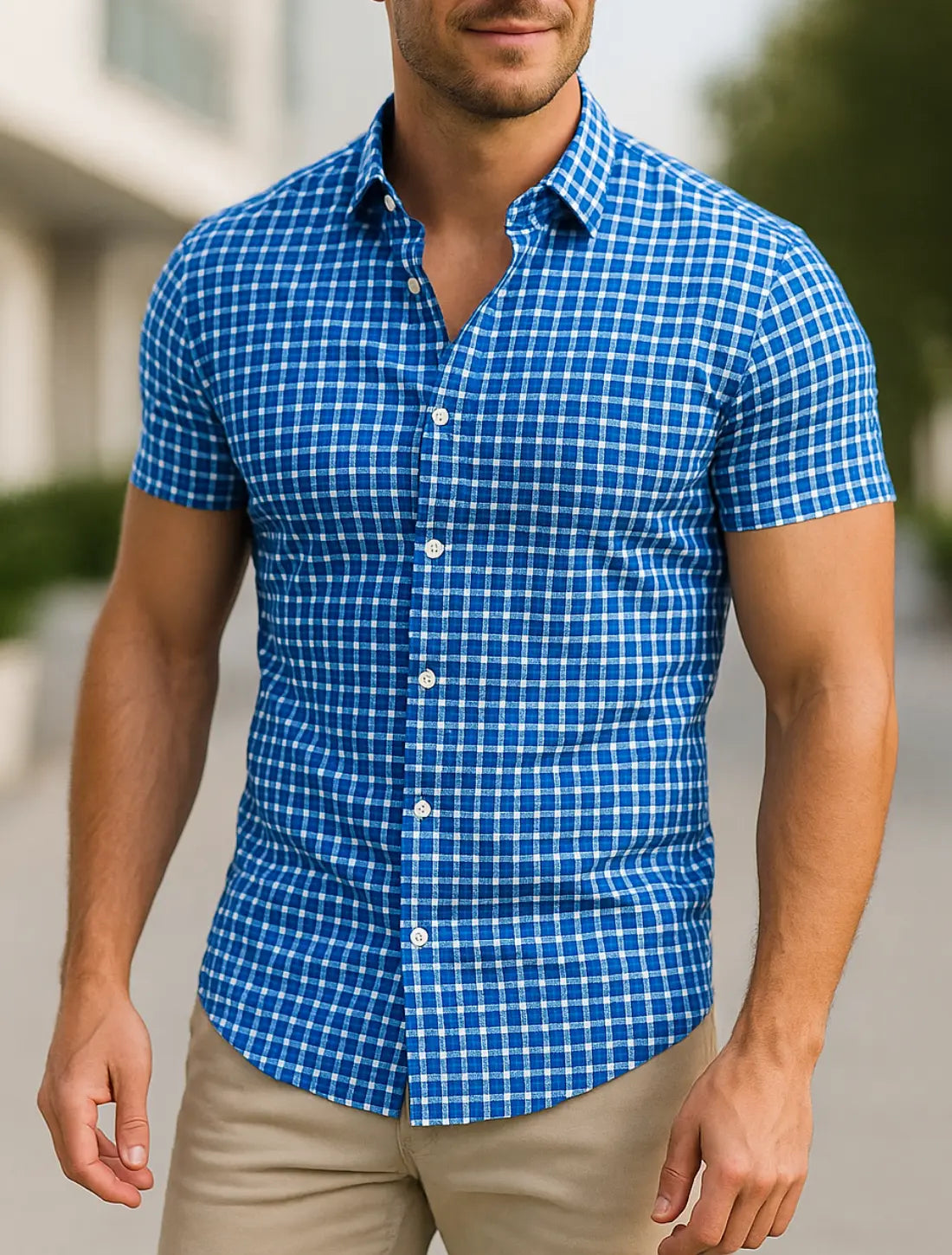 Heren Zomer Geruit Shirt, Korte Mouwen Casual Knop Omhoog, Lichtgewicht Mode Top | VIQA VIQA© NEDERLANDBlauw-2XL