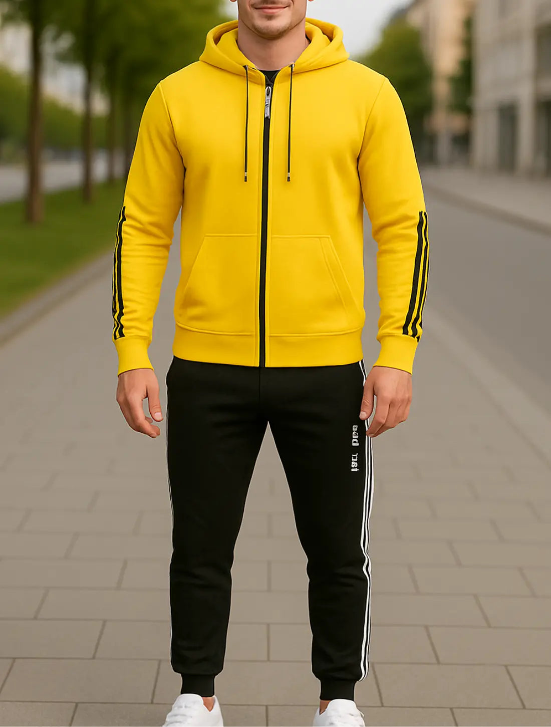 Heren Trainingspak Set, Sweatshirt Met Capuchon En Lange Mouwen En Joggingbroek, Casual Outdoor Fitnesskleding | VIQA VIQA© NEDERLANDGeel-Zwart / 2XL