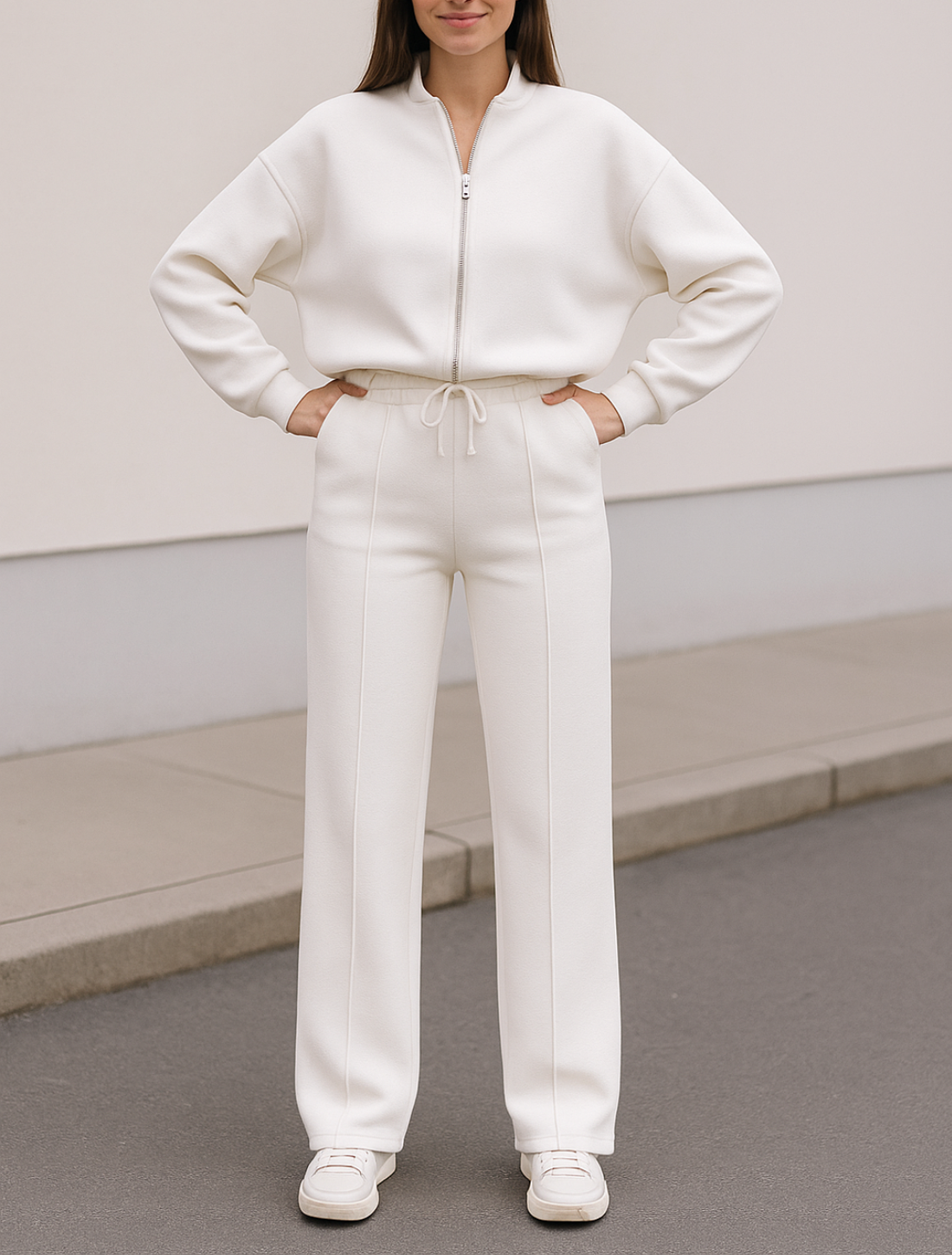 Tweedelige Rrainingspak Set Voor Dames, Sweatshirtjas Met Rits En Broek Met Wijde Pijpen En Trekkoord, Casual Sportkleding Outfit | VIQA VIQA© NEDERLAND
