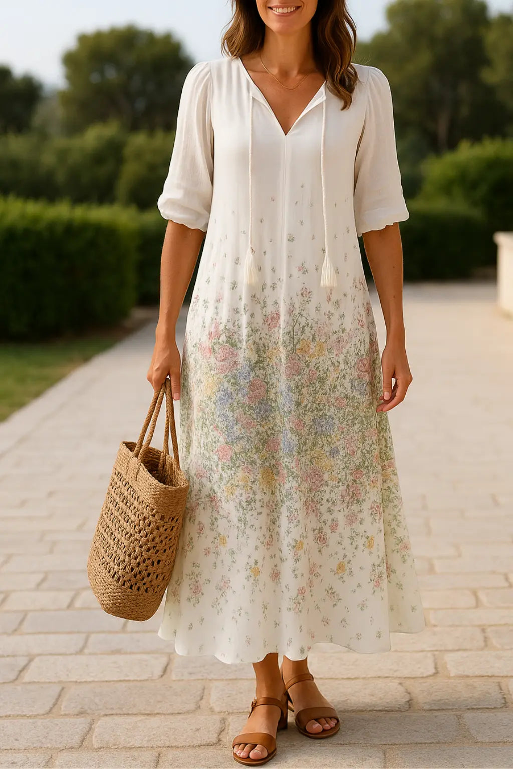 Dames Zomerjurk Met Bloemen V-Hals, Casual Boho Vakantiejurk Met Korte Mouwen En Kwastjes | VIQA VIQA© NEDERLANDWit / 2XL