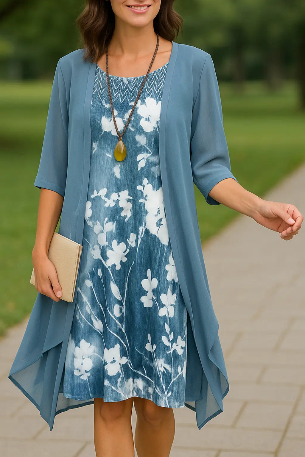 Dames Tweedelige Zomer Set, Losse Pasvorm Gedrukte Midi Jurk Met Lange Mouwen, Multikleur Outfit | VIQA VIQA© NEDERLANDBlauw / 2XL