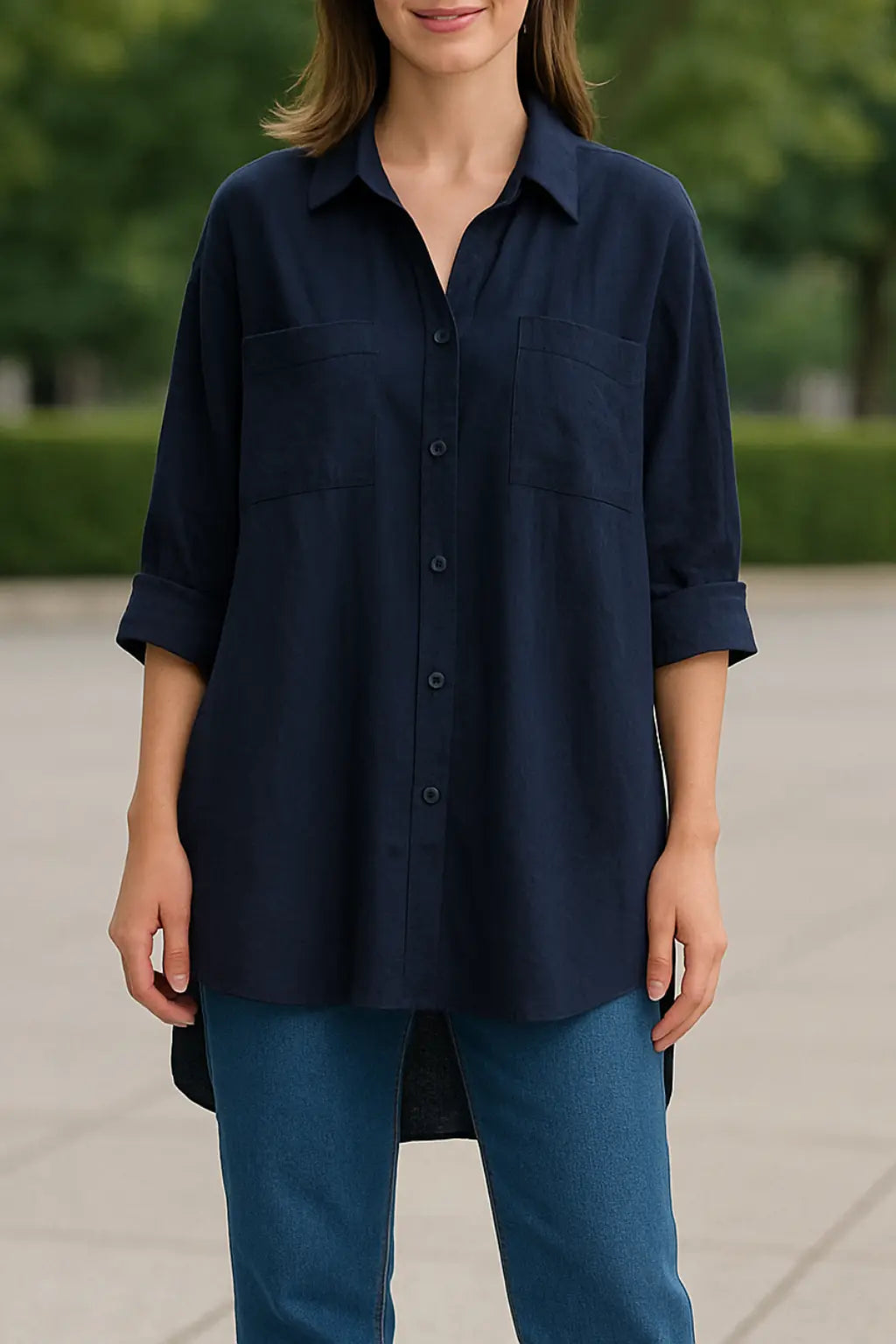 Dames Lange Mouw Shirt, Turn Down Kraag Stevige Blouse, Single Breasted Mid Lengte Top | VIQA VIQA© NEDERLANDBlauw / 2XL