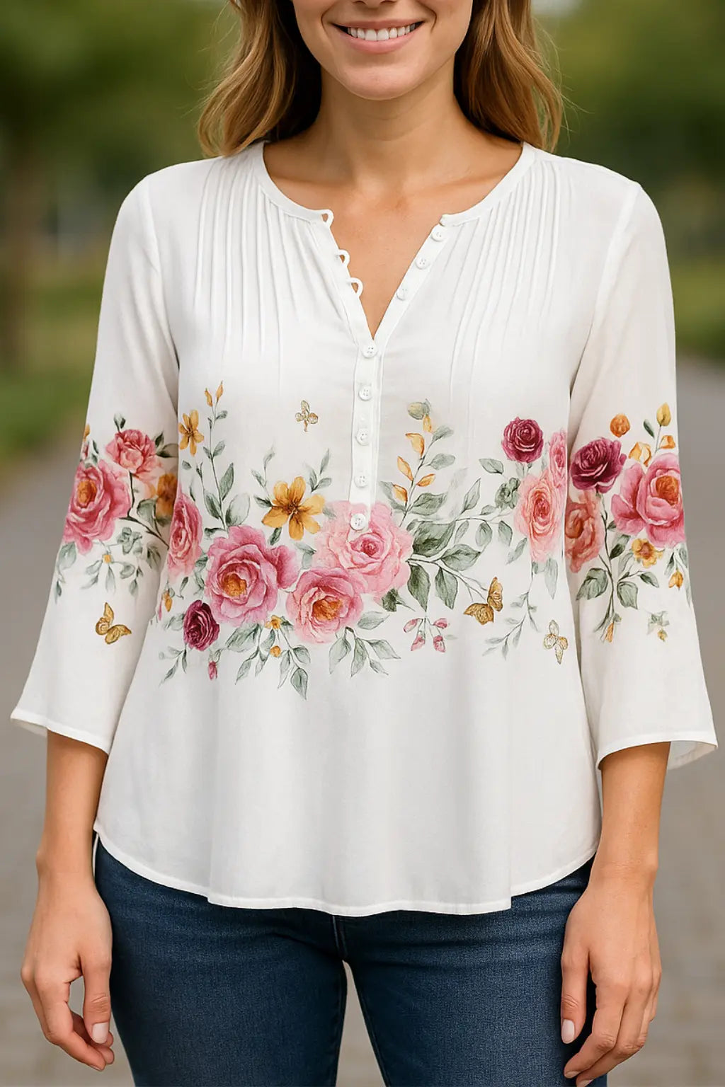 Dames Bloemen V-Hals Blouse, Korte Mouw Knoopdetail Zomer T-Shirt | VIQA VIQA© NEDERLANDWit / 2XL