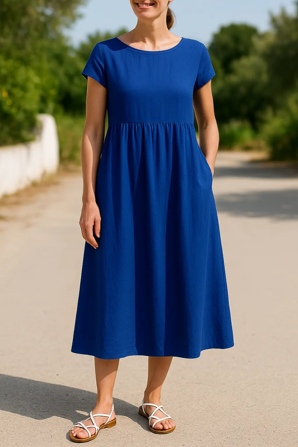 Dames Midi Jurk, Elegante Effen Kleur Met Korte Mouwen, O-Hals En Zakken | VIQA VIQA© NEDERLANDBlauw / 2XL