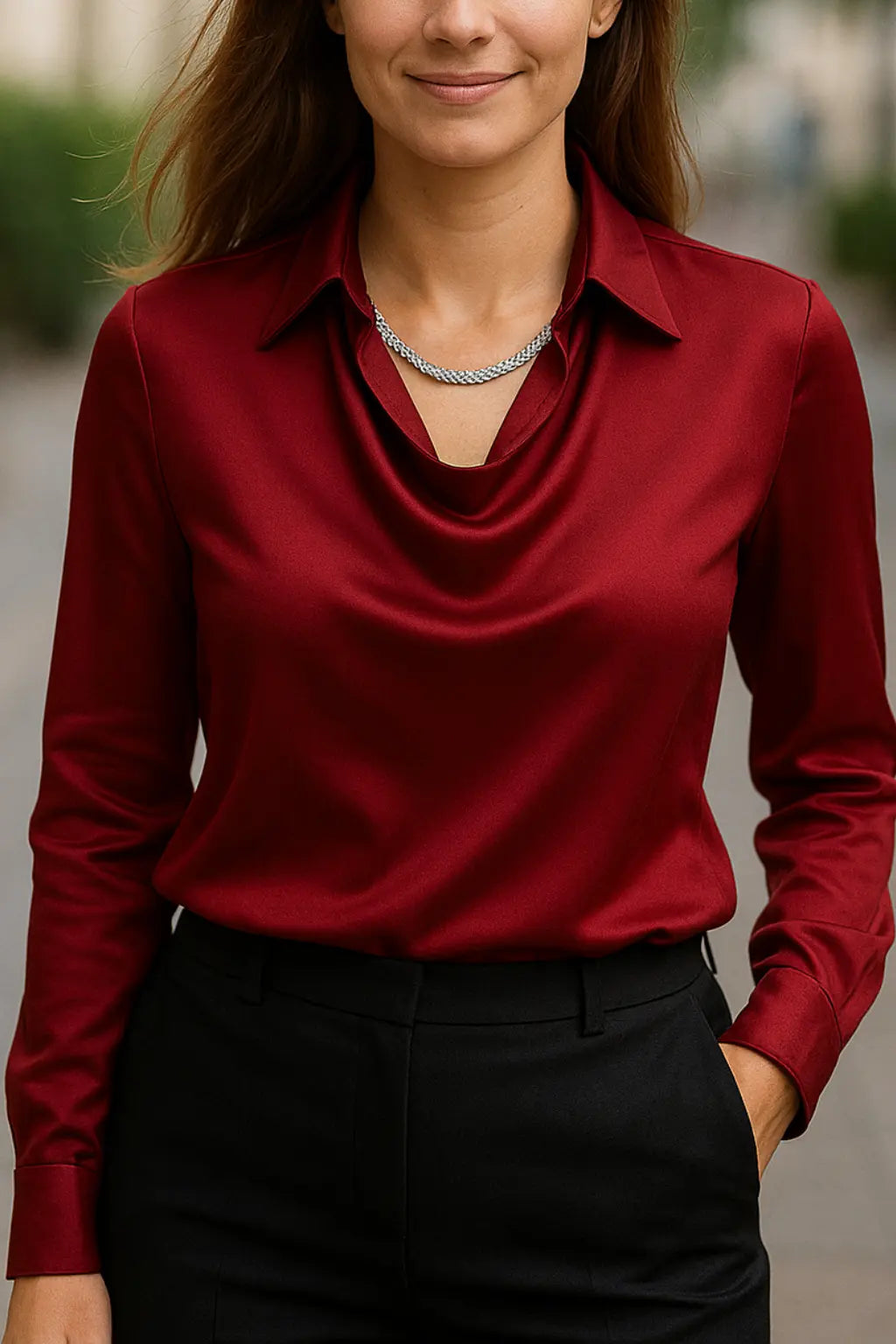 Elegante Lange Mouw Blouse, Effen Kleur Bloemenprint Zomer Kantoor Chic Shirt | VIQA VIQA© NEDERLANDRood / 2XL