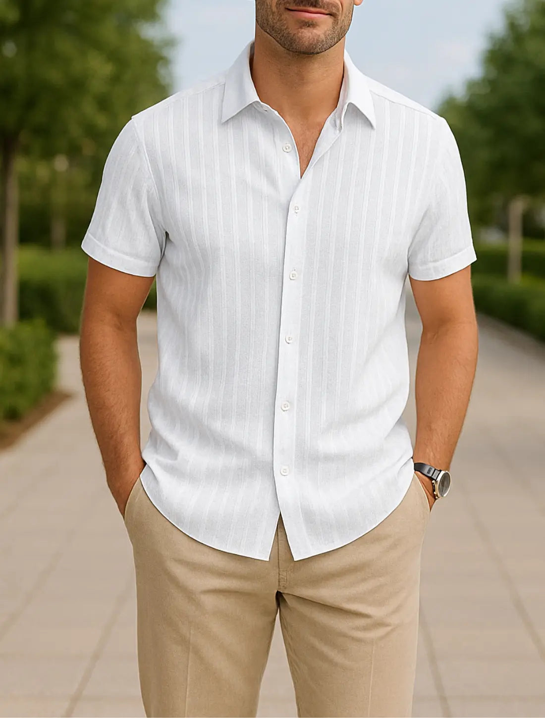 Heren Gestreept Shirt, Korte Mouwen, Losse Pasvorm, Casual Veelkleurige Zomertop | VIQA VIQA© NEDERLANDWit-2XL