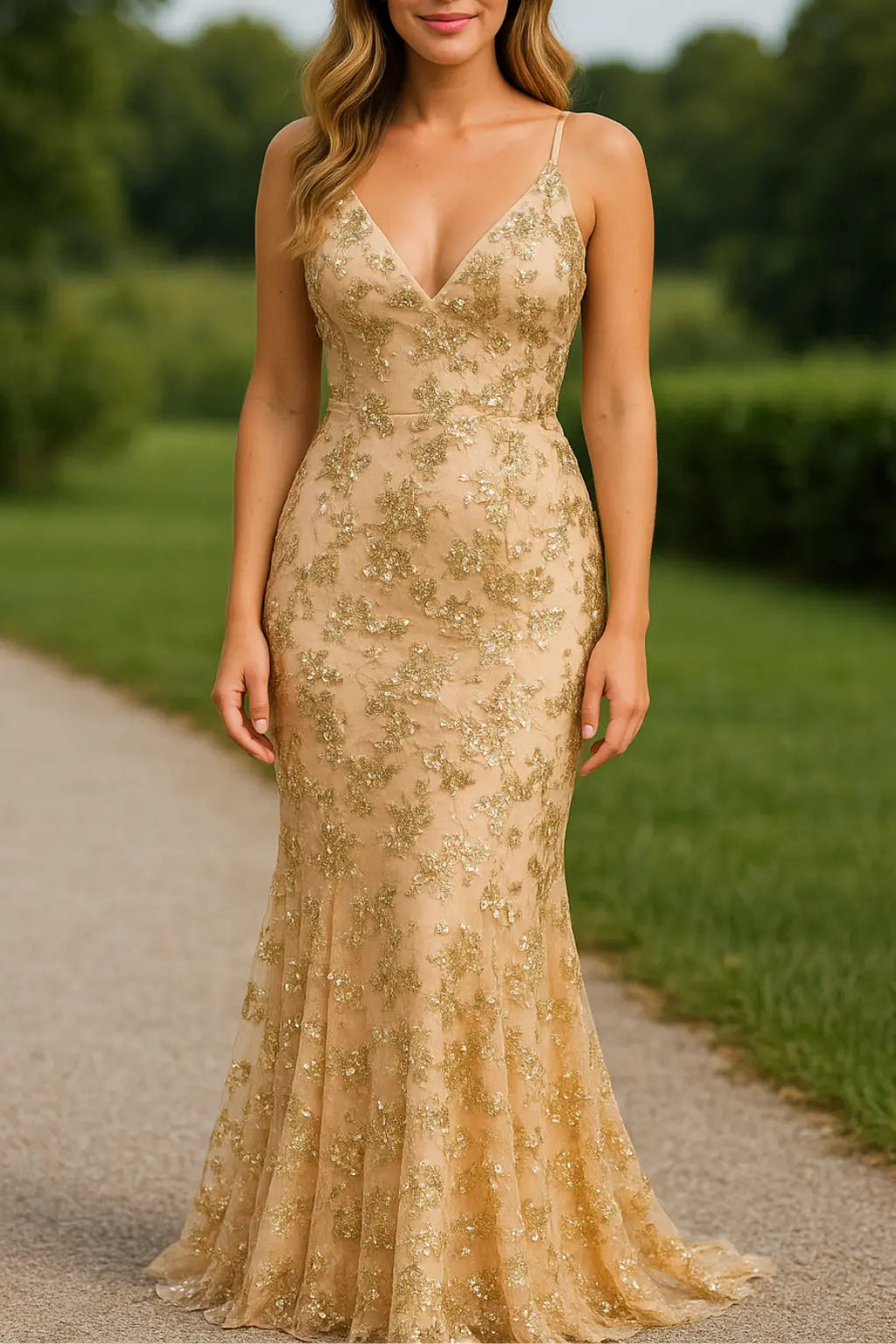 Dames Bodycon Maxi Jurk Met Lovertjes En Mazen, Sexy V-Hals Spaghettibandjes Rugloos Avondjurk | VIQA VIQA© NEDERLANDGeel / XL