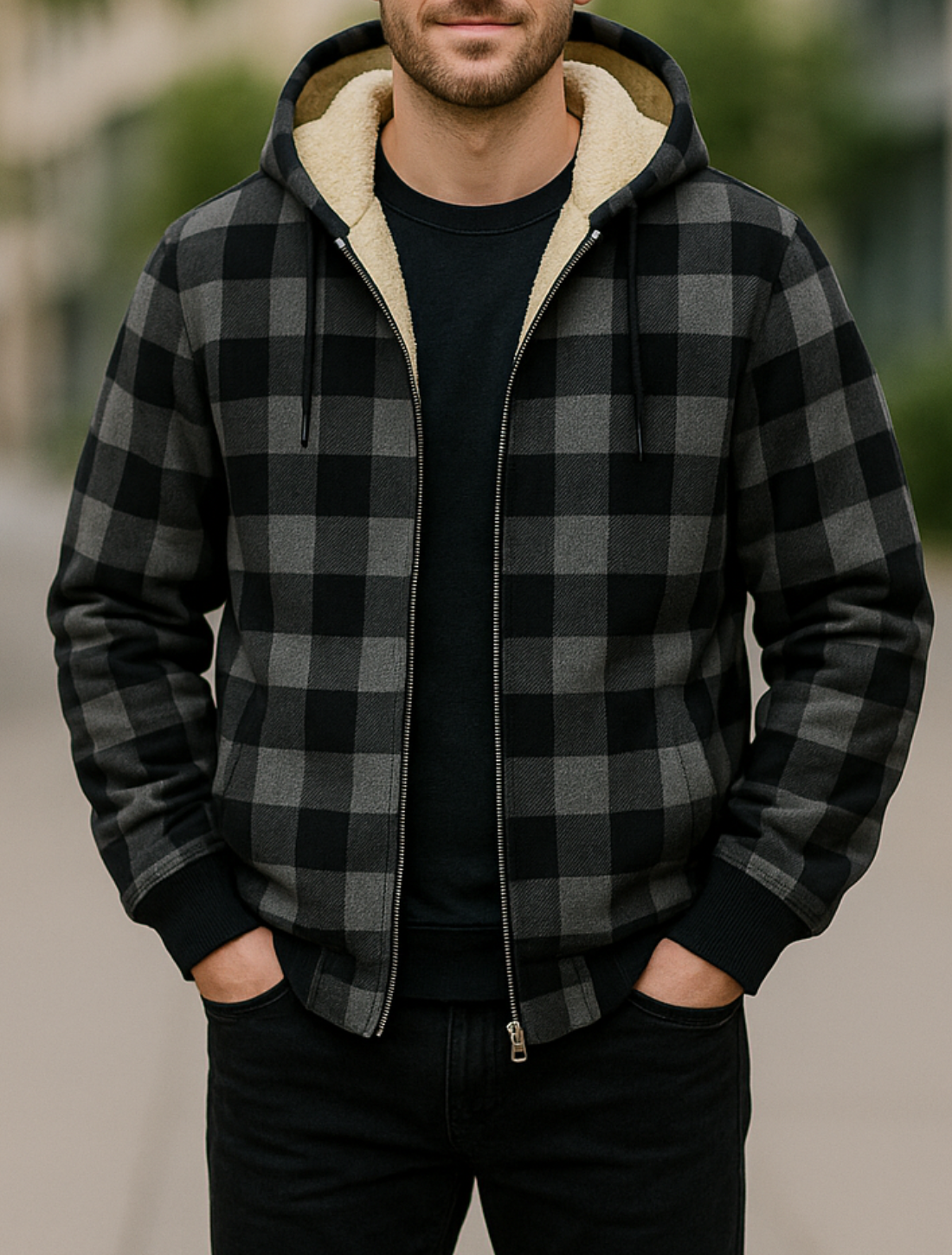 Herenvest met capuchon van lamswol, geruit fleece Zip-Up winters warm jack bovenkleding VIQA VIQA© NEDERLAND