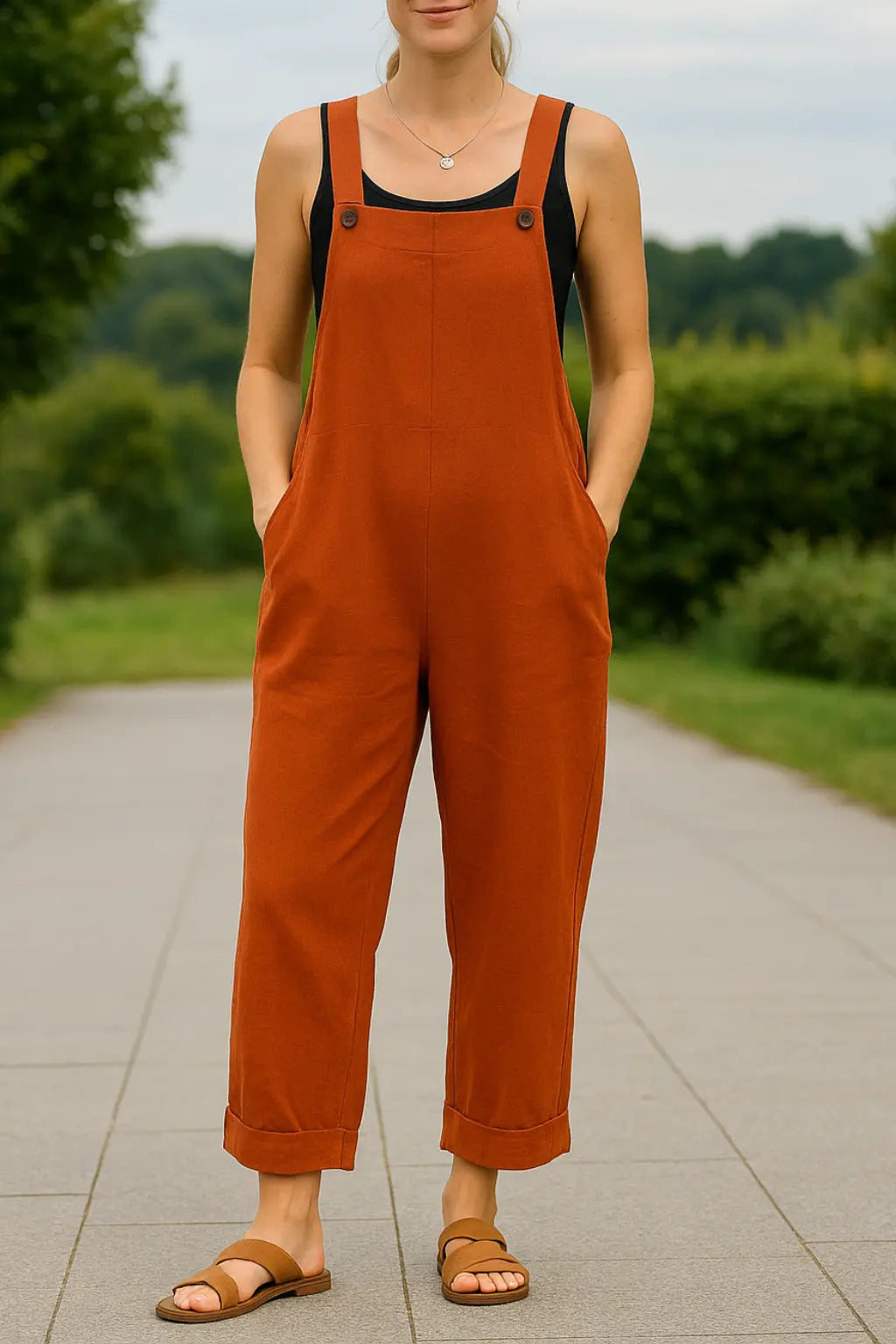 Zomerse Jumpsuit Voor Dames, Losvallende Romper Met Wijde Pijpen En Zakken, Effen Kleur, Schouderbandjes, Casual Kleding | VIQA VIQA© NEDERLANDBruin / 2XL