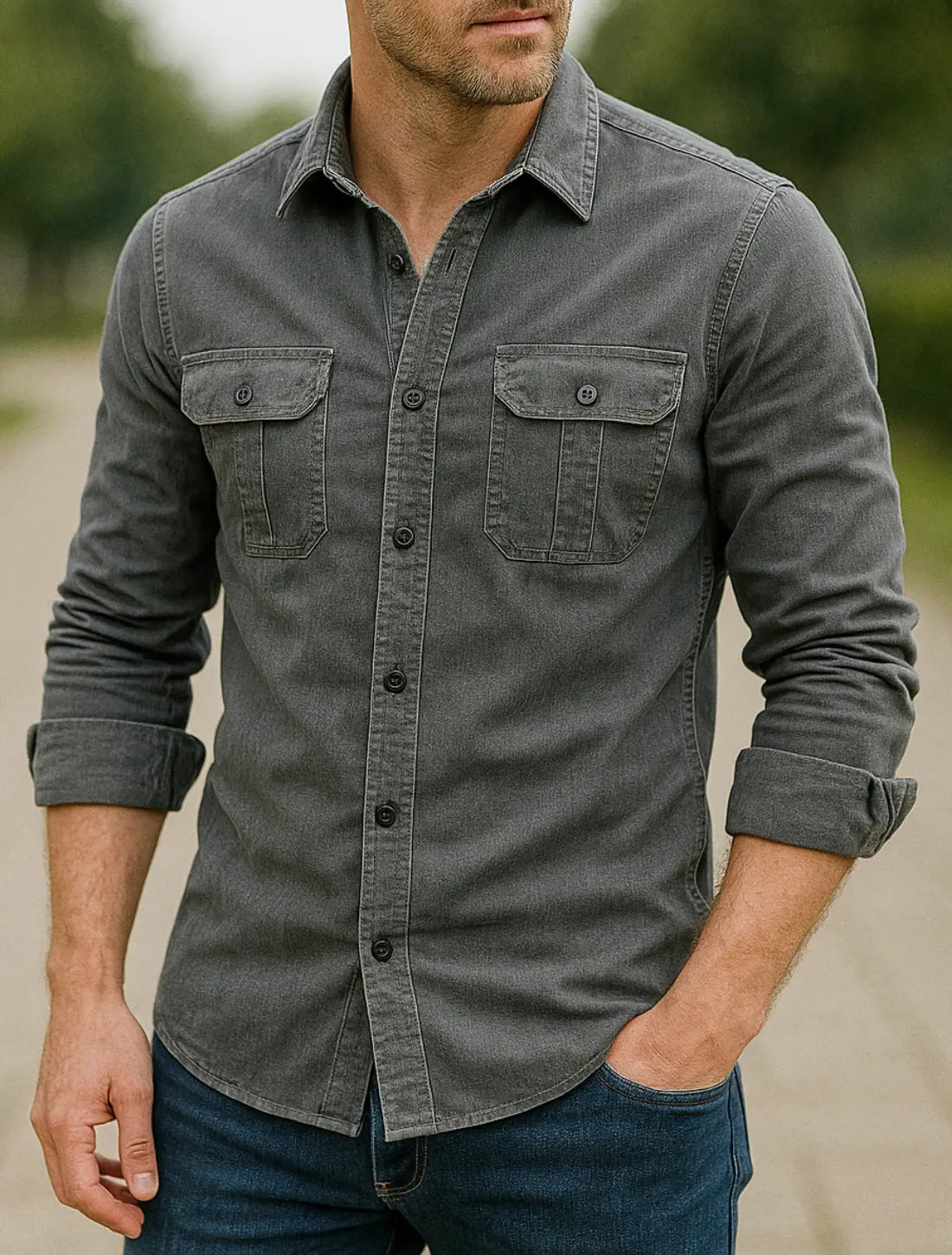 Heren Corduroy Overhemd, Lange Mouw Slim Pasvorm, Effen Kleur Zakelijk Casual Wear | VIQA VIQA© NEDERLANDGrijs / 2XL