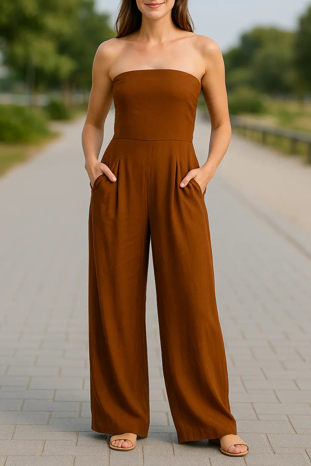 Sexy Rugloze Jumpsuit Voor Dames, Off-Shouder Bodysuit Met Wijde Broekspijpen En Zakken, Zomerse Casual Outfit | VIQA VIQA© NEDERLANDBruin / 2XL