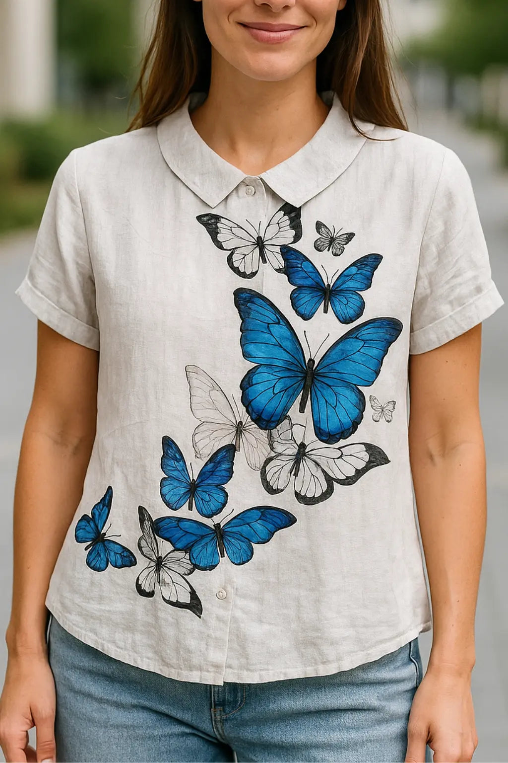 Dames Linnen Bloemen Shirt, Lichtgewicht Korte Mouw Kap Blouse Met Print, Casual Top | VIQA VIQA© NEDERLANDWit / 2XL