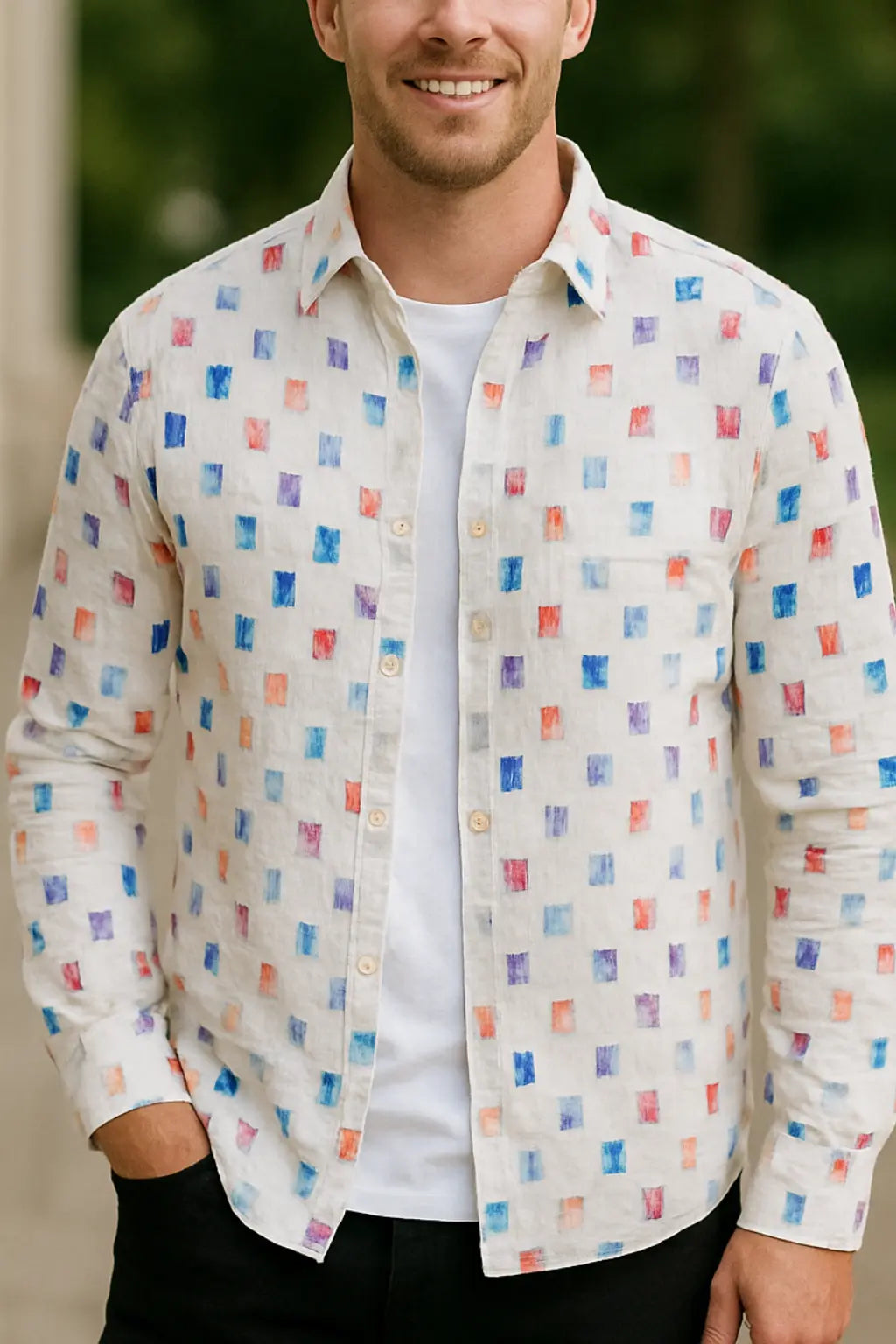 Heren Shirtjas Met Print, Omgeslagen Kraag, Lange Mouwen, Losse Pasvorm, Streetwear Jas | VIQA VIQA© NEDERLANDWit-Kleurrijke-2XL