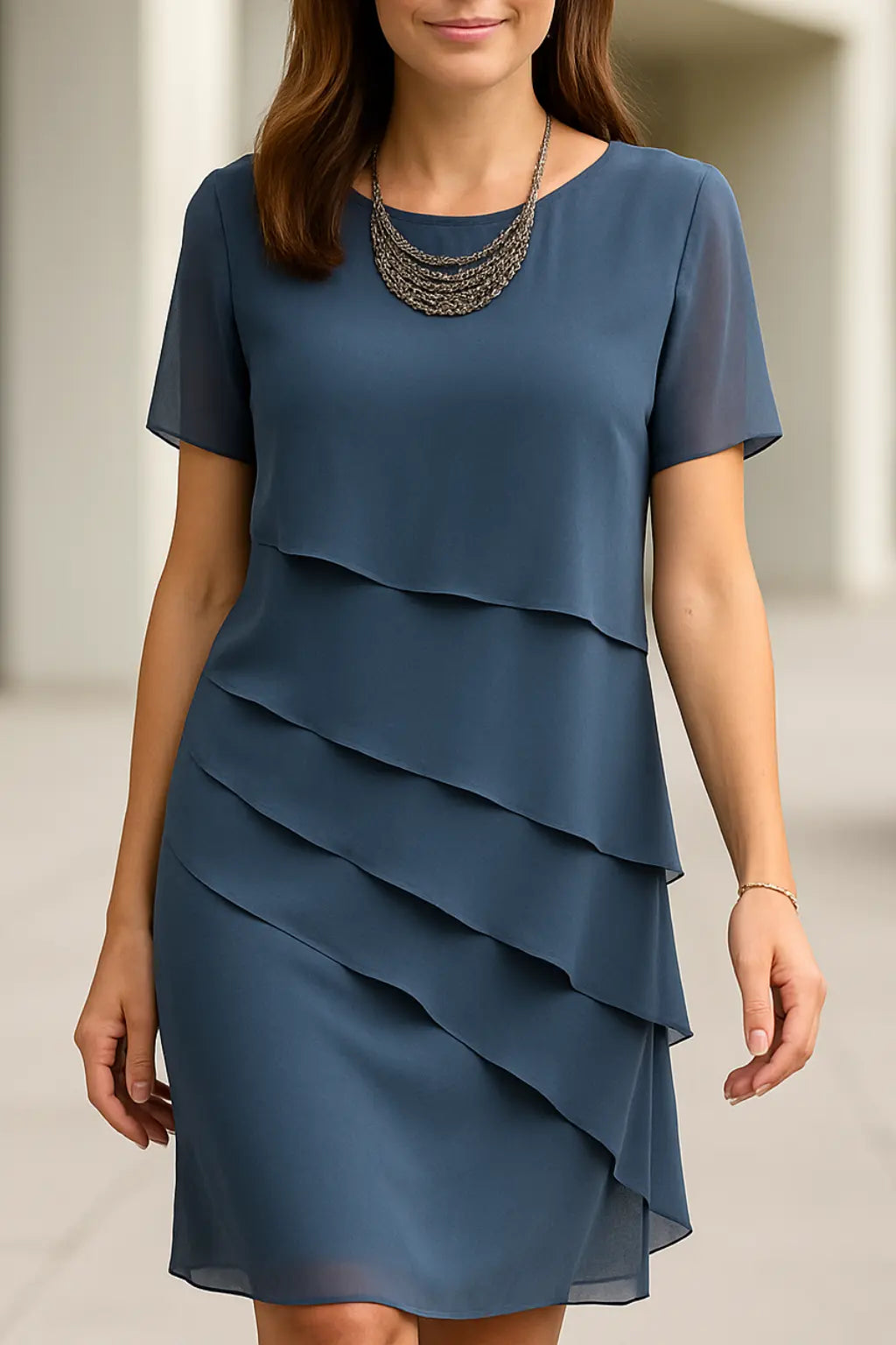 Dames Chiffon Midi Jurk, Elegant O-Hals Gelaagde Korte Mouwen Zomer Feestjurk | VIQA VIQA© NEDERLANDBlauw / 2XL