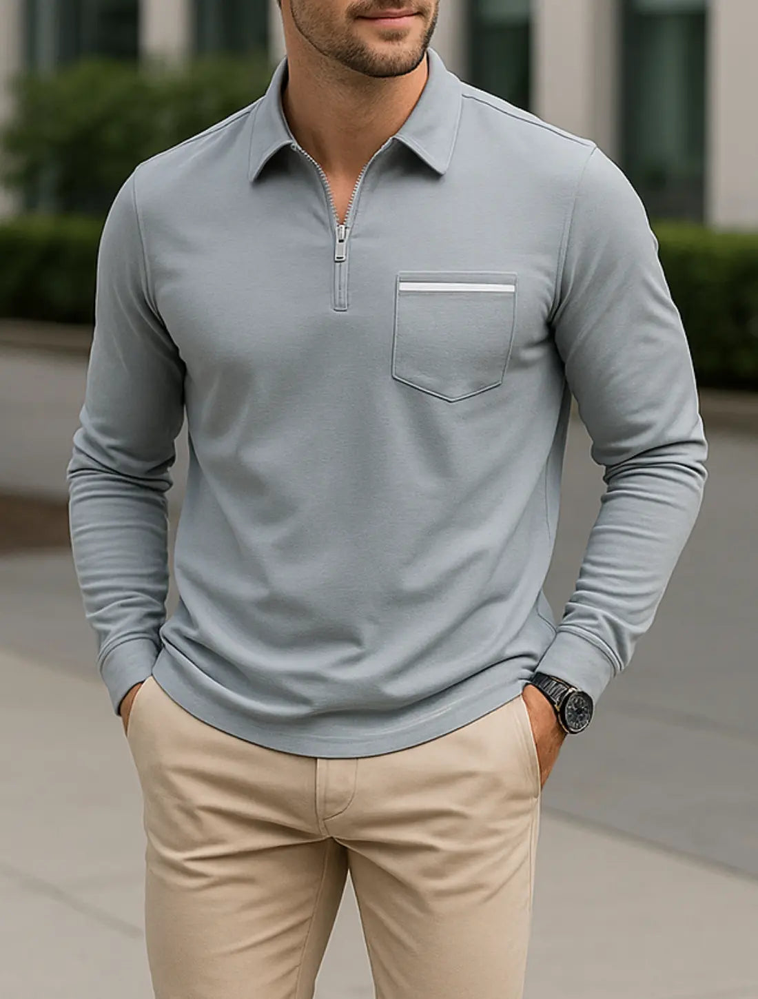 Heren Lange Mouwen Poloshirt, Hoge Kwaliteit Business Casual Kap Met Zak, Lente Herfst Slijtage | VIQA VIQA© NEDERLANDGrijs / 2XL