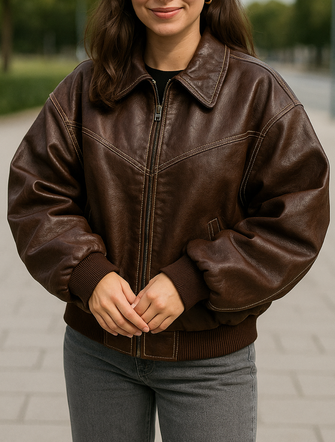 Vintage Leren Dames Jas, Korte Reversritssluiting Retro Motorjas Herfst En Winter | VIQA VIQA© NEDERLANDBruin / XL