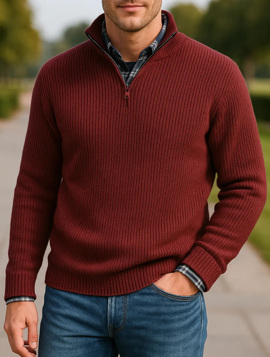 Heren Trui Met Ritskraag, Retro Losvallende Gebreide Trui, Comfortabele Casual Trui Voor Herfst En Winter | VIQA VIQA© NEDERLANDRood / 2XL