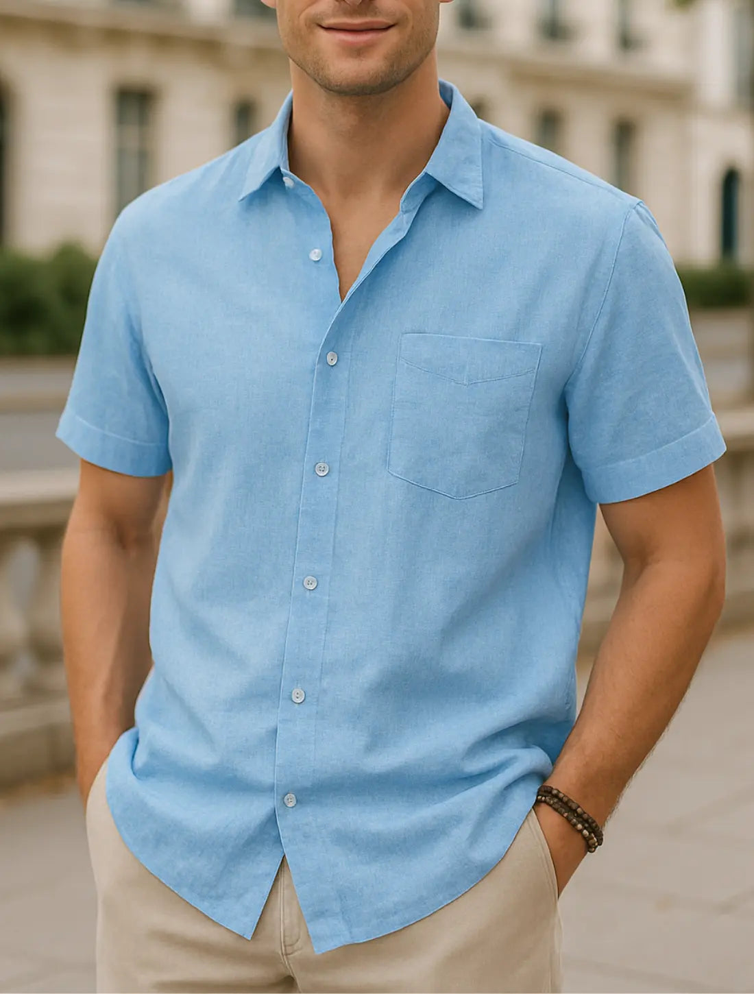 Heren Katoenen Linnen Shirt Met Korte Mouwen, Zomerse Casual Strandkleding, Effen Kleur Gedraaide Kraag | VIQA VIQA© NEDERLANDBlauw / 2XL