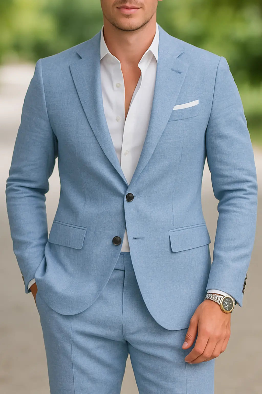 Heren Linnen Zomerpak Set, 2-delige Slim Fit Strand Bruiloft Outfit, Notch Revers Blazer En Broek | VIQA VIQA© NEDERLANDBlauw / 2XL