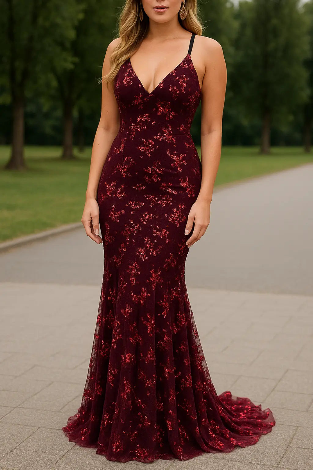 Dames Pailletten Bodycon Maxi Jurk, Sexy V-hals Spaghettibandjes Rugloze Avond Feestkleding | VIQA VIQA© NEDERLANDRood / XL