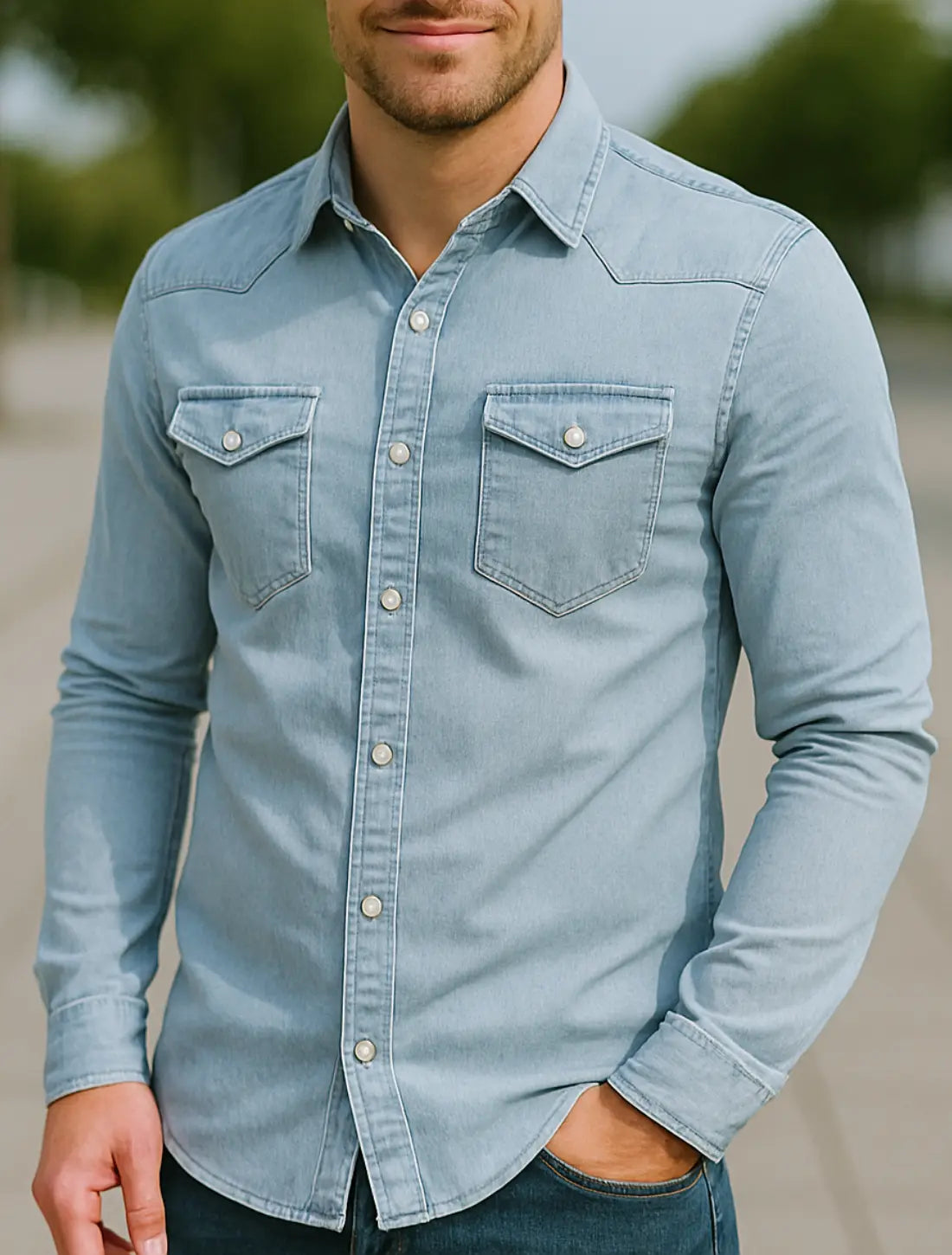 Heren Denim Shirt, Vintage Slim Fit Lange Mouwen Knoop Omhoog, Casual Kapel Top | VIQA VIQA© NEDERLANDBlauw-2XL