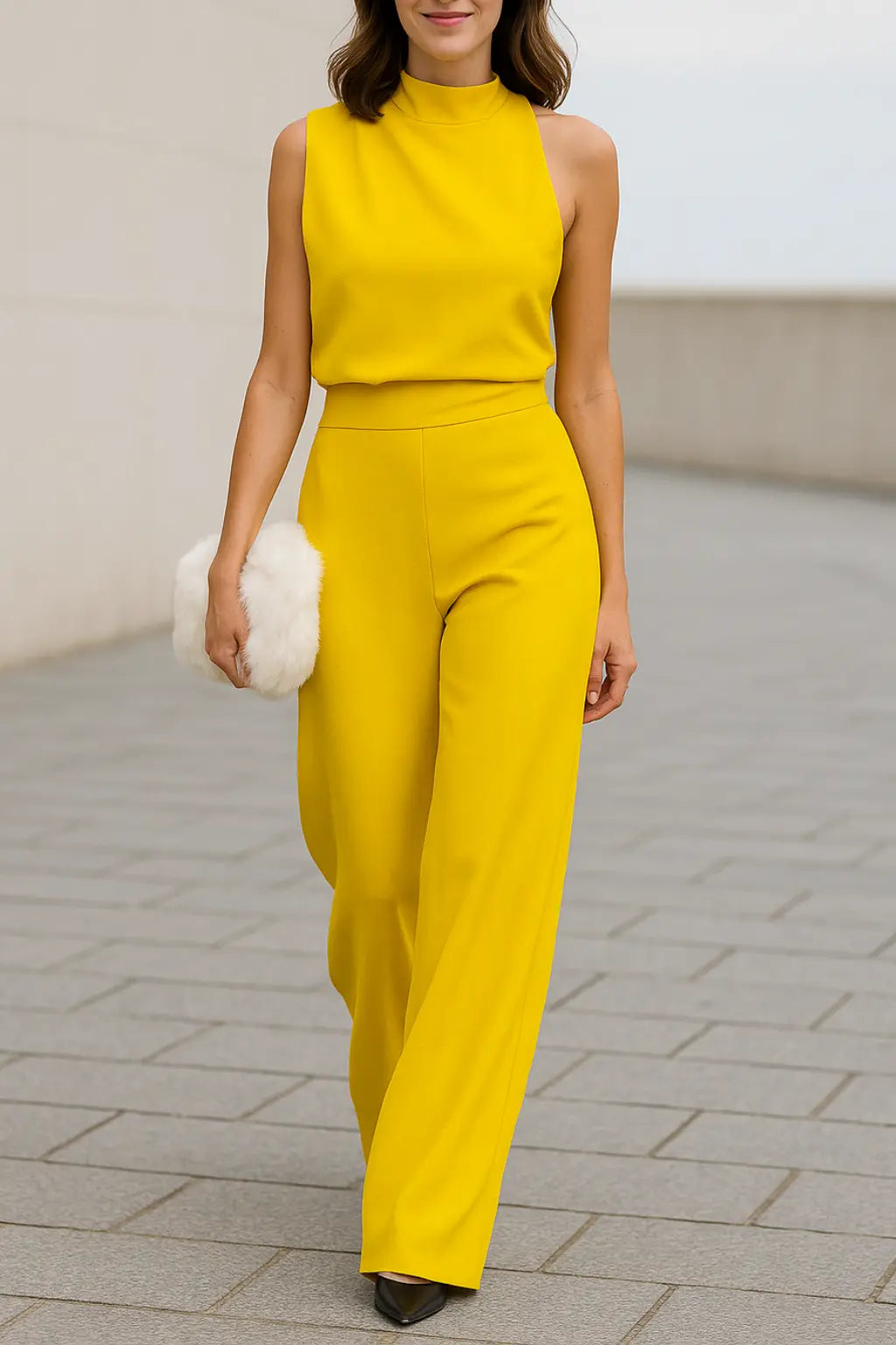 Dames Jumpsuit Met Eén Schouder, Zomer Effen Kleur Mid-Taille Geplooid Uitgesneden Romper, Eegante Pasvorm | VIQA VIQA© NEDERLANDGeel-2XL