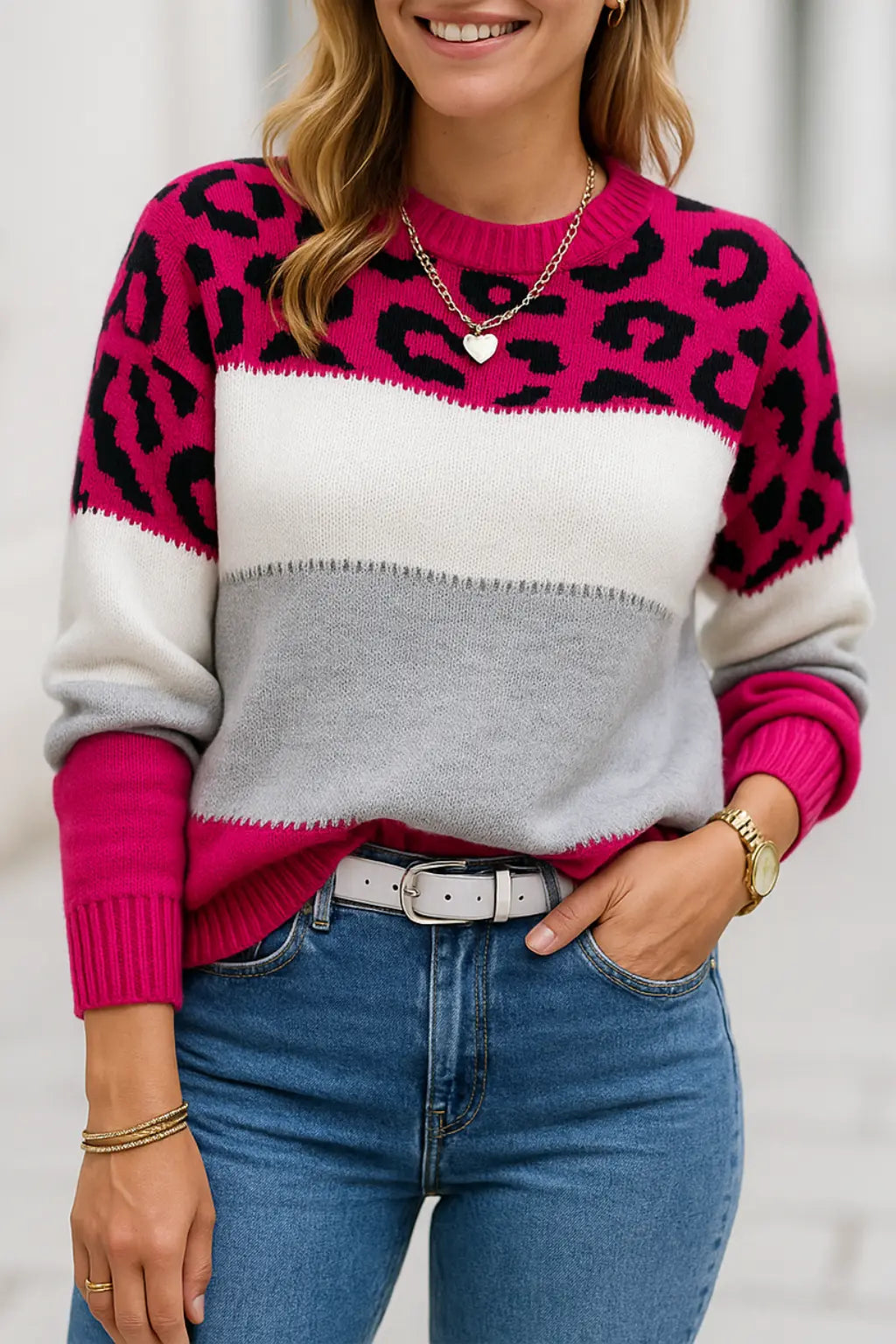 Dames Gebreide Trui, Kleur Blok Luipaard Print, Ronde Hals Lange Mouwen Casual Top | VIQA VIQA© NEDERLANDRoze / 2XL