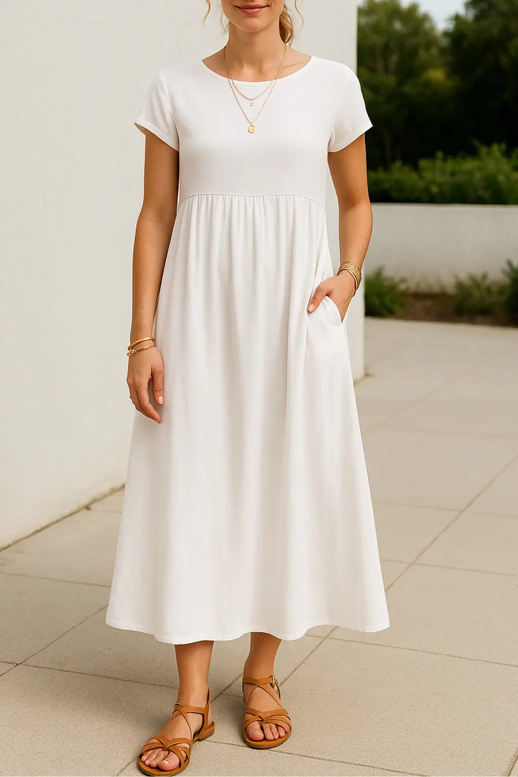 Dames Maxi Jurk, Elegante Korte Mouwen Zomer Lange Jurk Met Zakken | VIQA VIQA© NEDERLANDWit / 2XL