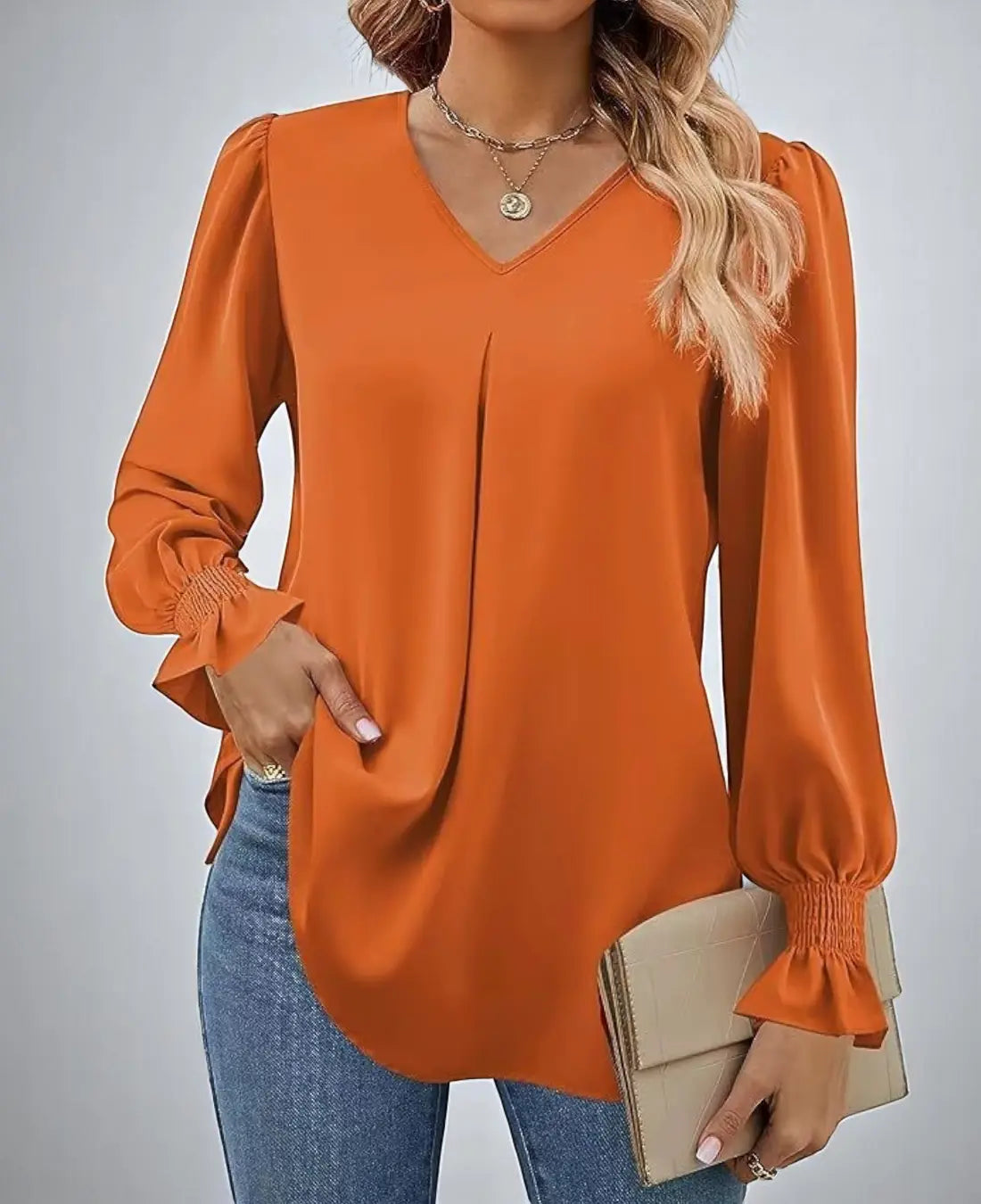 Nina Dames Oranje Blouse Met Lange Mouwen En Diepe V-Hals VIQA© NEDERLAND